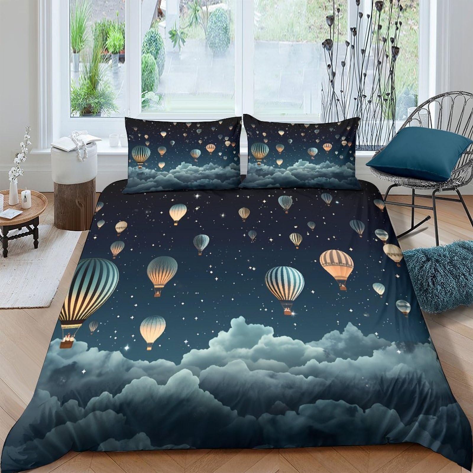 Ctjqhvkz Style-4 3D Printed Night Sky Hot Air Balloon Fitted Sheet Microfiber Soft Breathable Cloud Bed Cover For Bedroom Guestroom Decor Single（135X200cm）