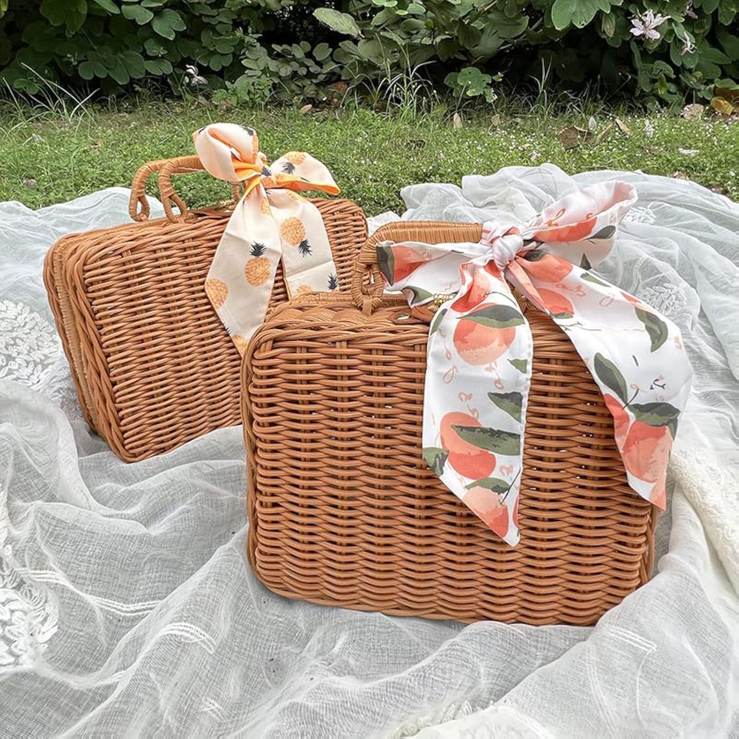 Waglos Wicker Picnic Basket, Rectangular Storage Basket with Carrying Strap for Camping Travel Party 1 PACK