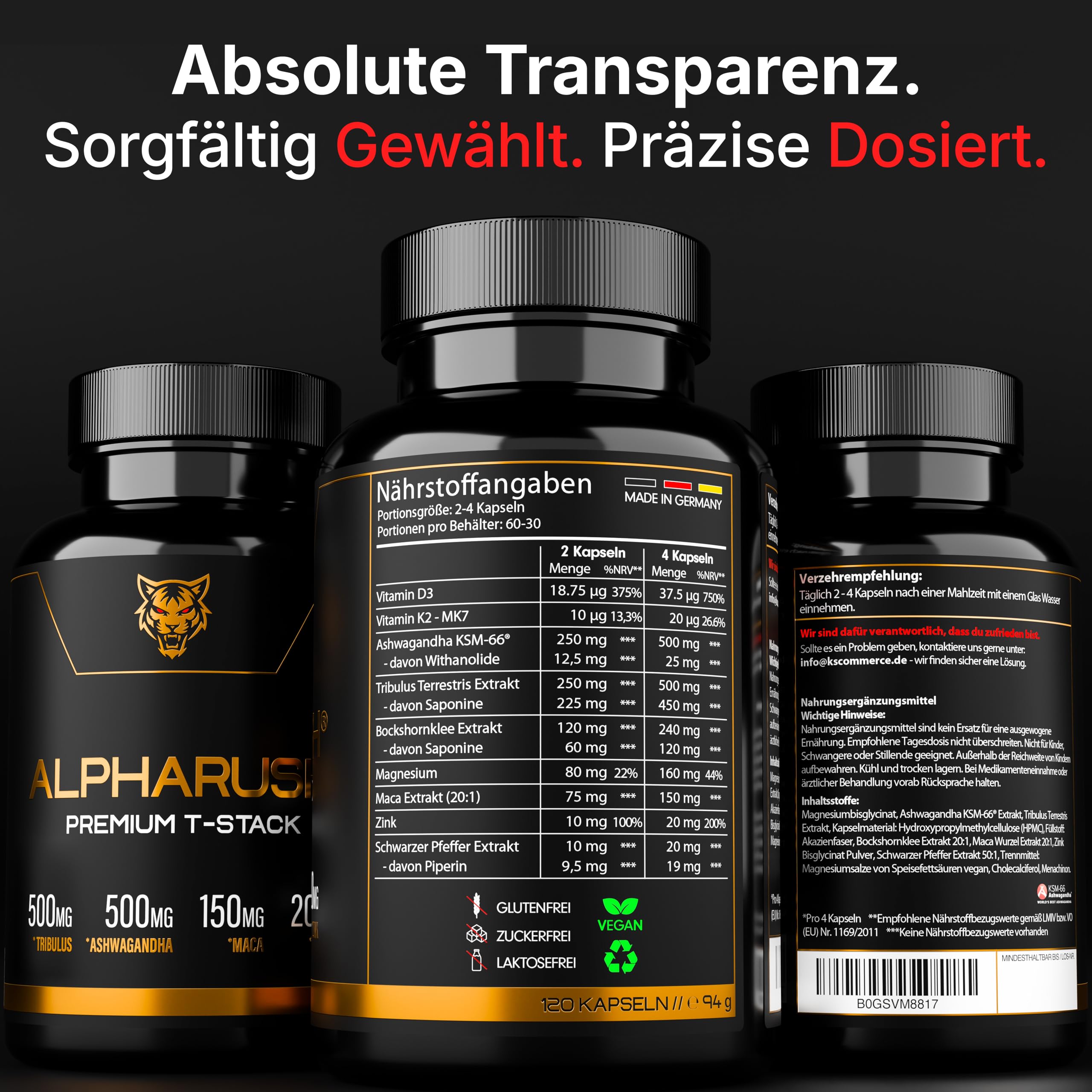 Premium T-Stack | Männer Komplex | Hochdosierter Booster mit Maca, Tribulus Terrestris, Ashwagandha | Maca Kapseln Männer | Alternative zu Tongkat Ali | 120 Men Kapseln Hochdosiert