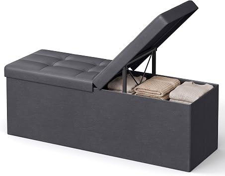 SONGMICS HOME Foldable Foot Rest Stool, Storage Ottoman, Tufted Design, PU Leather, for Entryway, Living Room, 43.2 Inches, Dark Gray