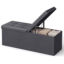 SONGMICS HOME Foldable Foot Rest Stool, Storage Ottoman, Tufted Design, PU Leather, for Entryway, Living Room, 43.2 Inches, Dark Gray