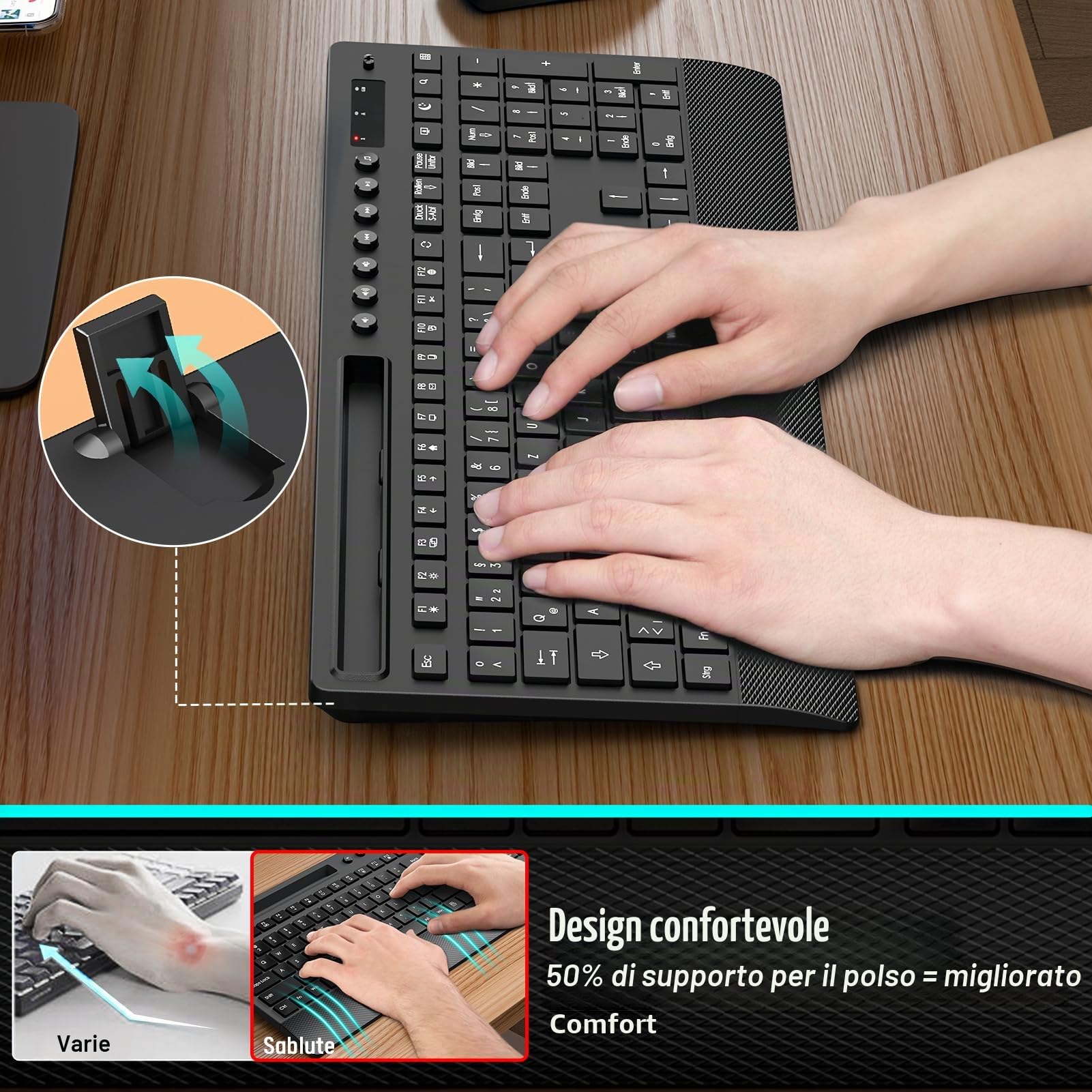 Set tastiera senza fili, tastiera silenziosa da 2,4 GHz con poggiapolsi, supporto per telefono, tasti multimediali, set wireless per Windows, Chrome OS, PC, laptop (batterie) (nero)