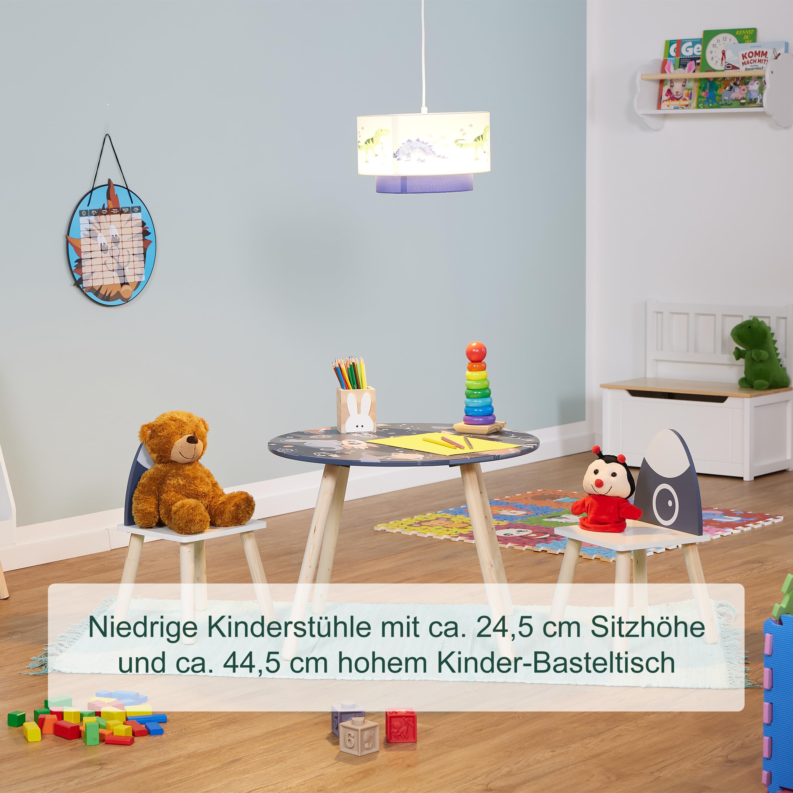 Relaxdays Kindersitzgruppe, 3-TLG., Space Dino, Kindertisch mit 2 Stühlen, Mädchen & Jungen, Sitzecke Kinderzimmer, bunt