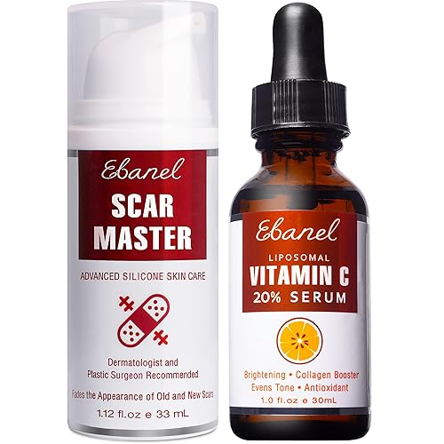 Ebanel - Paquete de gel de silicona avanzada para cicatrices de 1 onza y suero de vitamina C al 20%