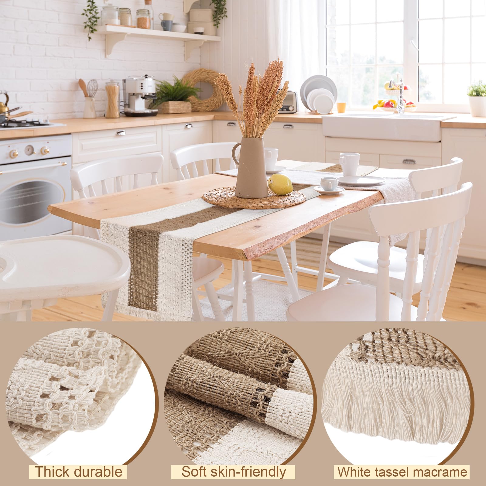 7 caminos de mesa bohemios y manteles individuales redondos bohemios empalmados de macramé tejido con borlas, decoración de mesa de comedor para boda, cocina, comedor, beige (12 x 108 pulgadas)