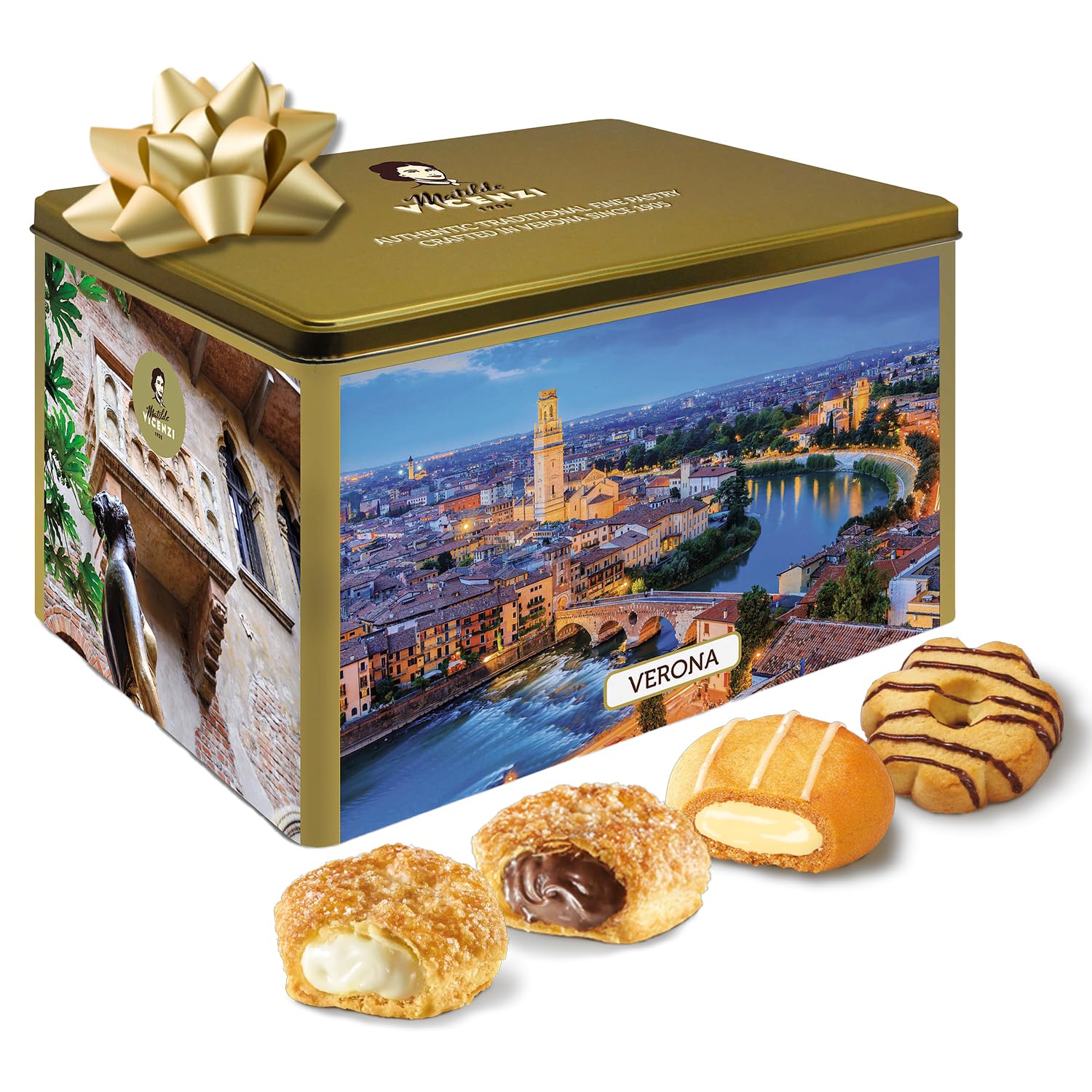 Matilde Vicenzi Verona Gift Tin - Assortment of Italian Pastries and Cookies - Gourmet Gifts For Thanksgiving & Christmas - Assorted Cookies in Italian Design Tin 32oz (907g)