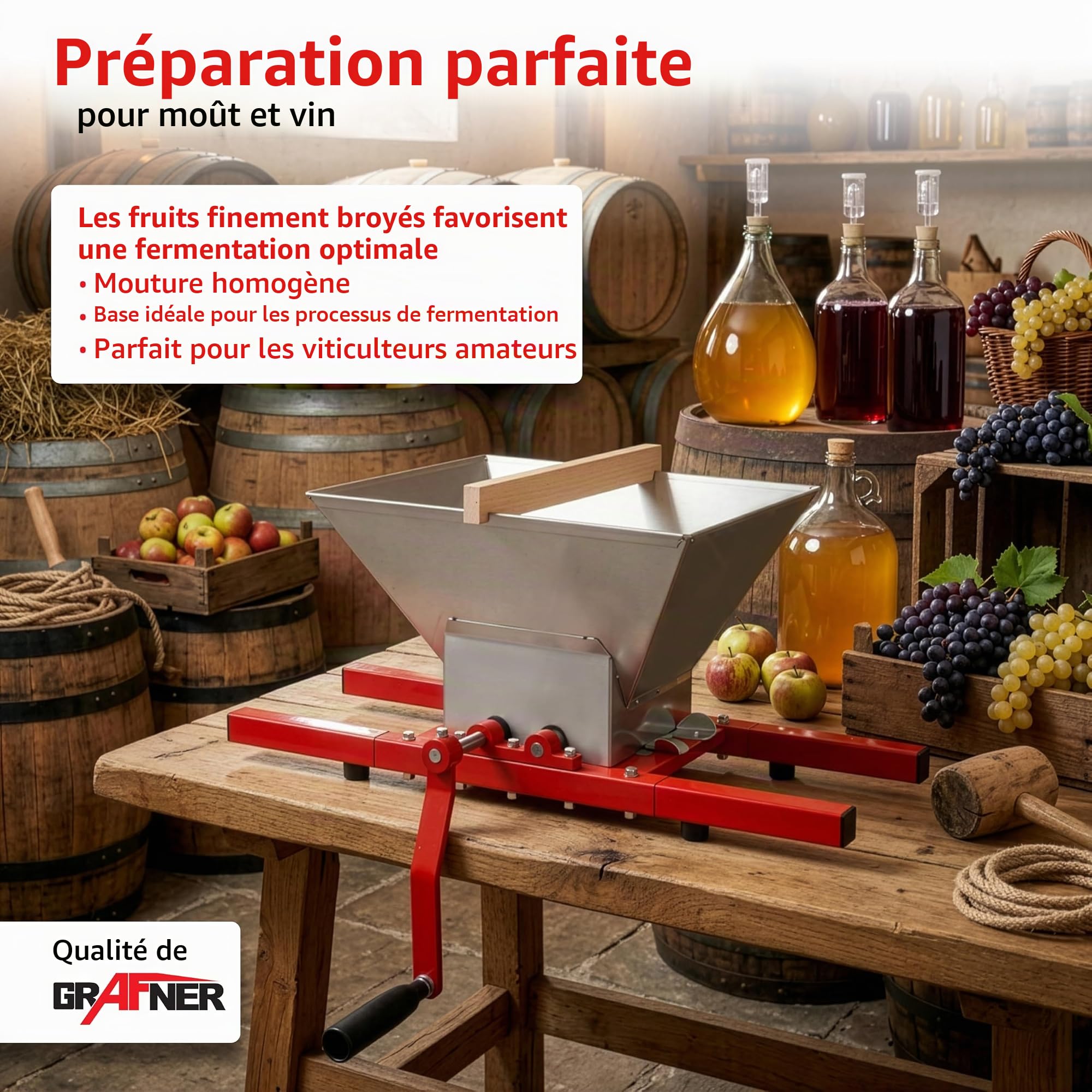 Grafner Moulin à Fruits 7 l - Modèle Massif avec manivelle - Presse-Pommes - Moulin à Baies - Presse-Fruits - Presse-Fruits