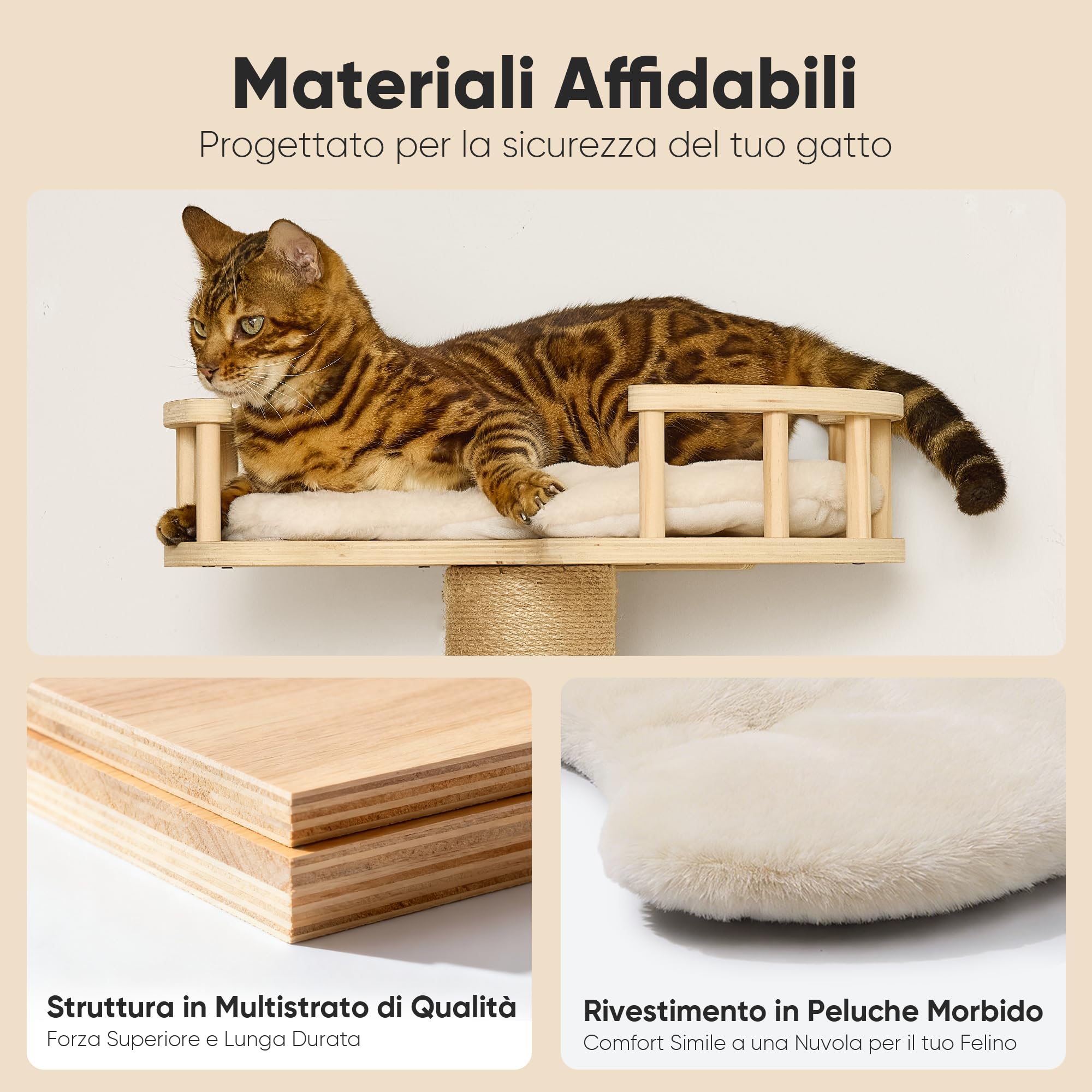 FUKUMARU Mensole per Gatti, Set di Mobili Montati a Parete in Legno Stabile da 4 Pezzi, Parete di Arrampicata con Tiragraffi, Amaca, Letto,Tappetino - Ideale per il Gioco e il Riposo dei Gatti (Beige)