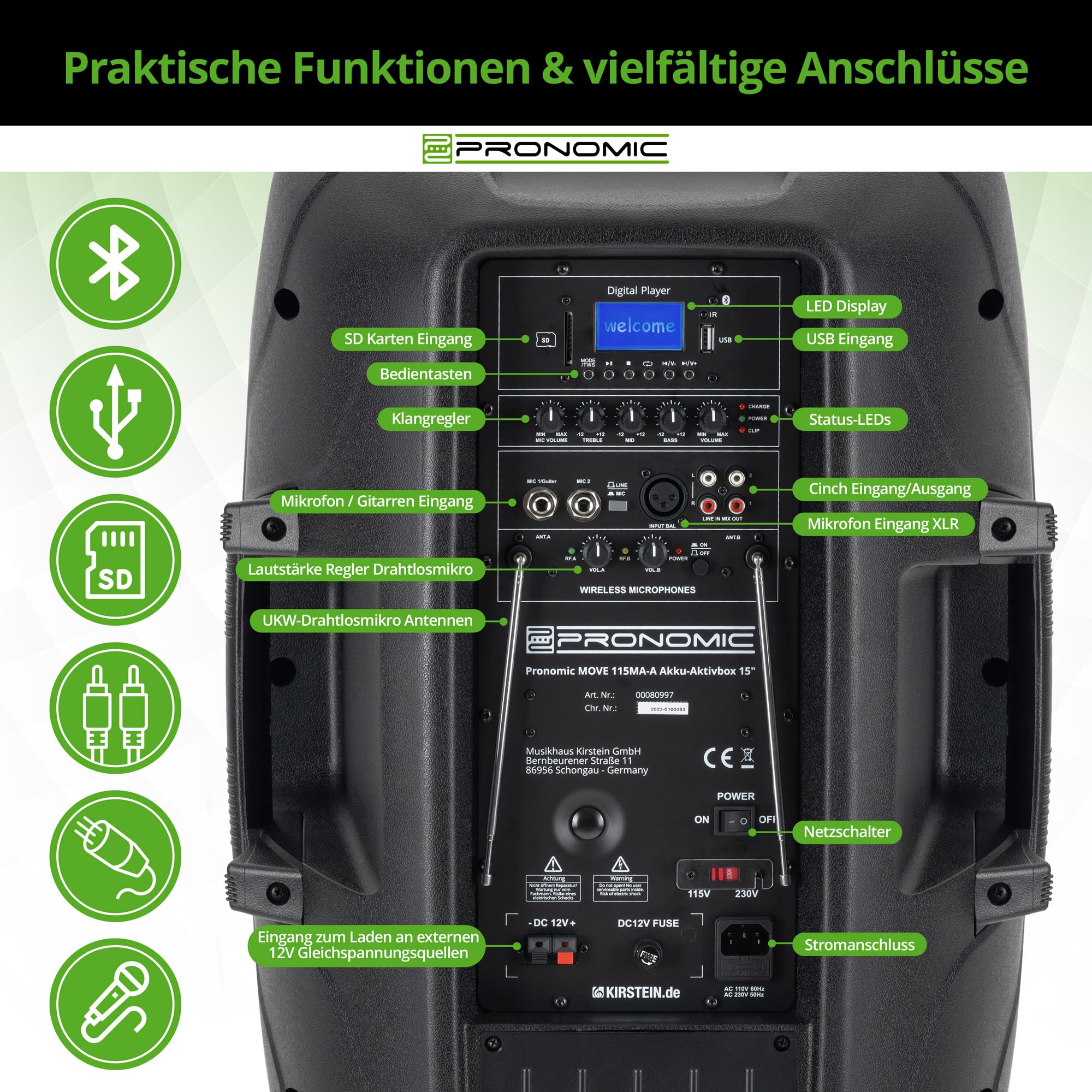 Pronomic Move 15" Partybox - Mobile PA-Anlage Bluetooth Lautsprecher TWS - Musikbox mit leistungsstarkem Akku - Leistung 30W (RMS) - Set inkl. Aktivbox, Funkmikrofon, Headset und Fernbedienung