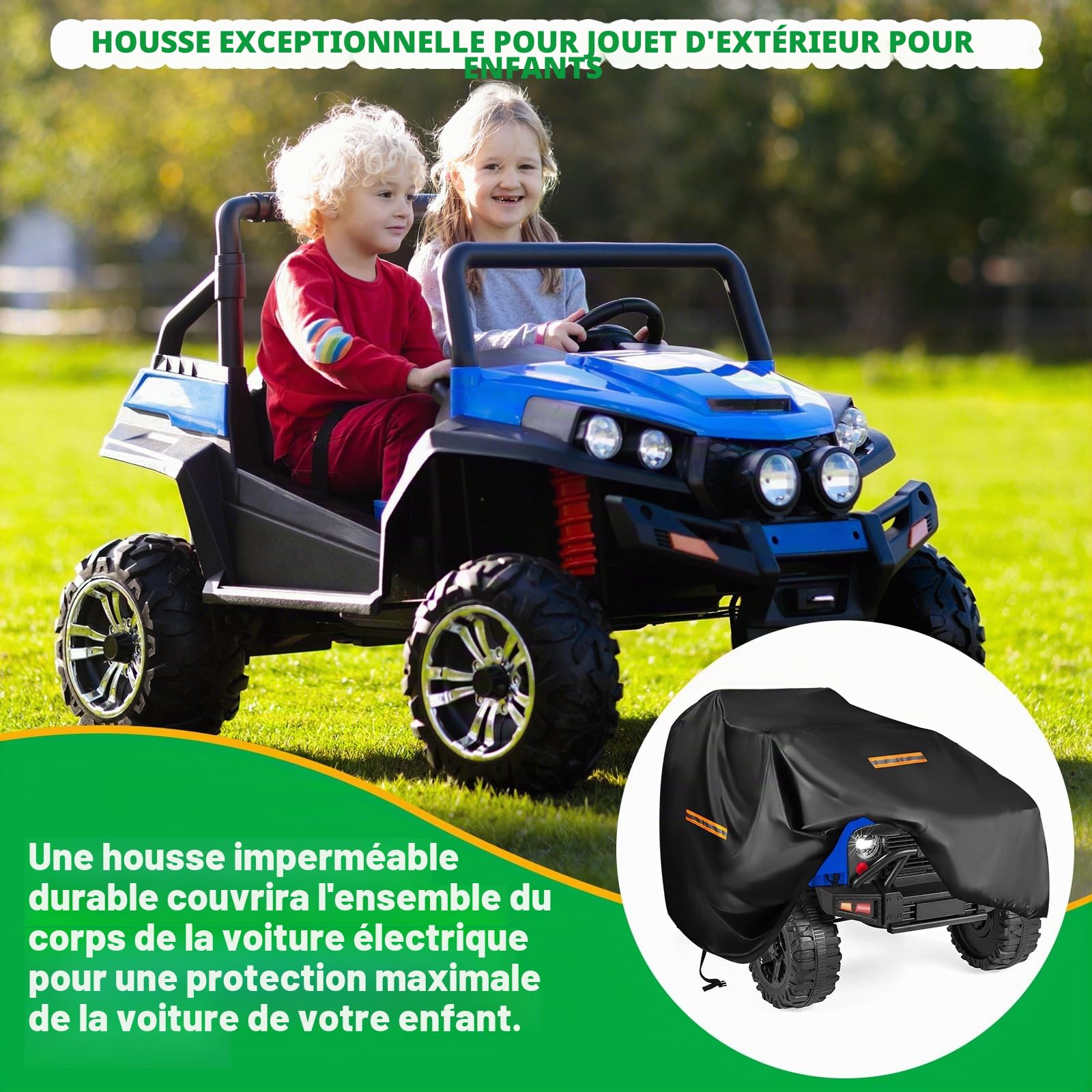 Housse de voiture en tissu Oxford 420D robuste Grande protection imperméable et anti-UV 3 bandes réfléchissantes, boucles