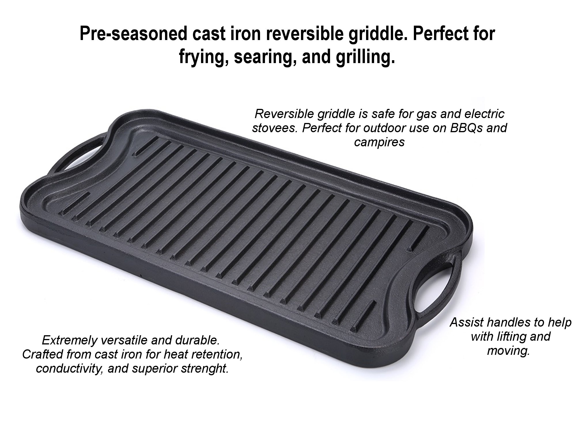 Pinnacle Cookware PreSeasoned Large Cast Iron Reversible Griddle / Grill Pan Cookware 20inch