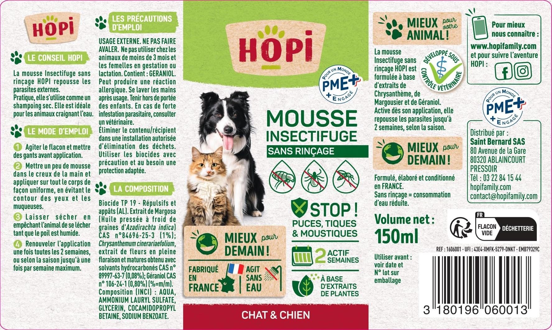HOPI Mousse Insectifuge sans rinçage Chat et Chien 150 ML - Repousse Les Puces, Les Tiques et Moustiques - Extraits de Plantes Naturelles - Pratique et Econome - Fabriqué en France