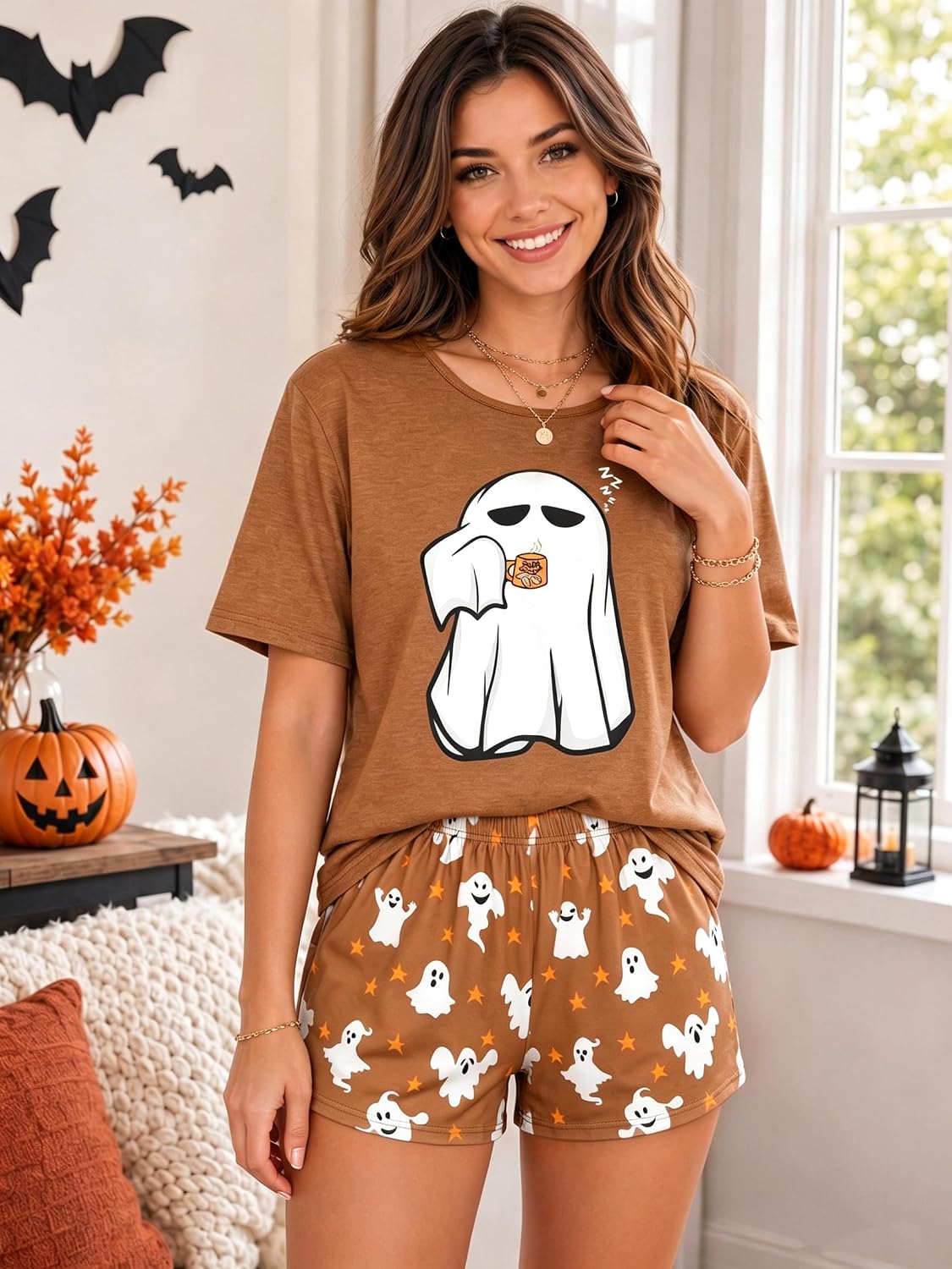 UNIQUEONE Women Halloween Pajamas Ghost Short Sleeve Sleepwear Lounge Set image 2