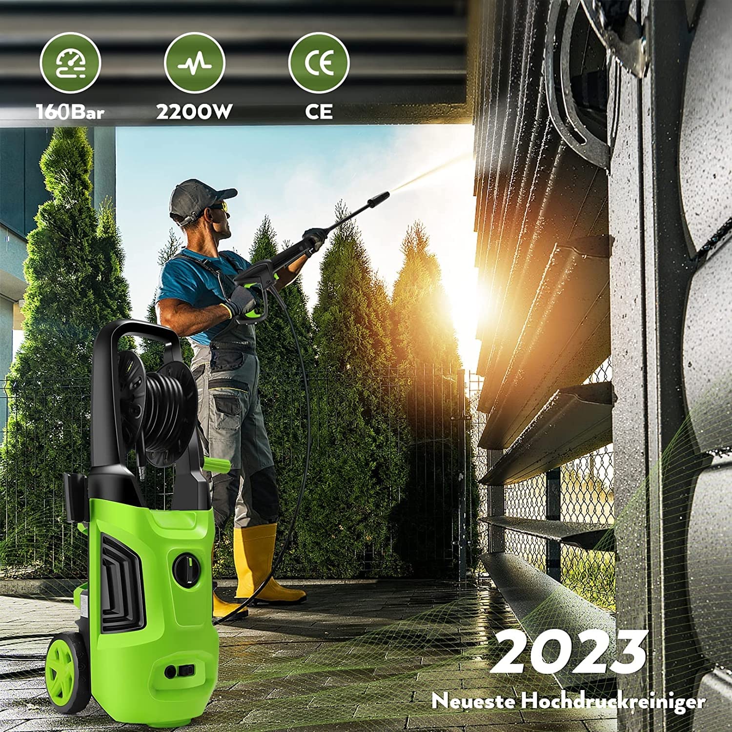 Limpiadora de Alta presión COOCHEER con enrollador de Manguera| 230V 2200W | caudal máx.: 450 l/h| 170Bar| 5m de tubería de Agua a Alta presión + 5m de Cable de Red，Depósito de detergente de 500ml