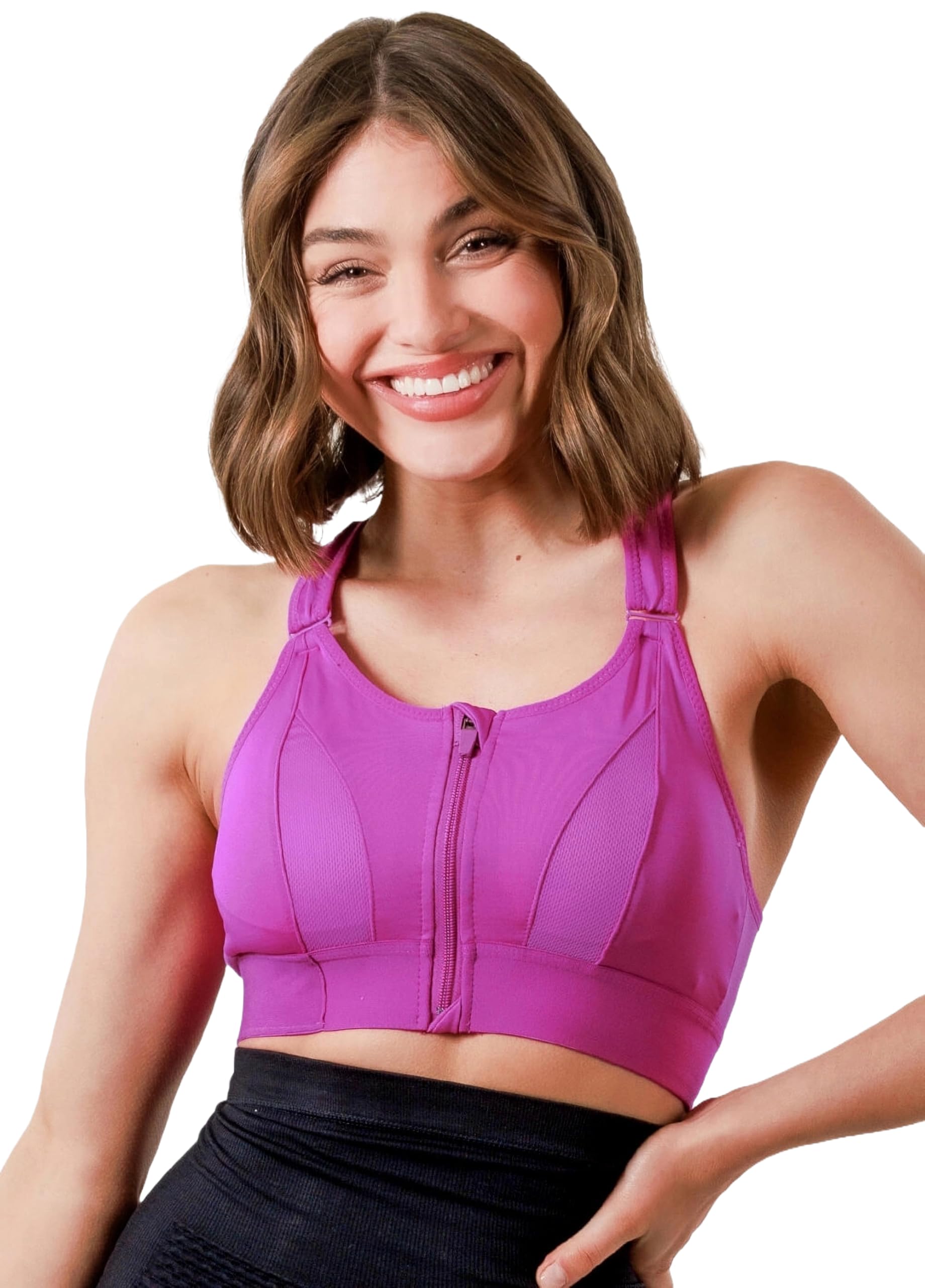 FablukFront Zip Gym Bra High Support Racerback Sports Bra for Women with Adjustable Straps, Moisture-Wicking 4-Way Stretch Fabric, Sizes M to 5XL