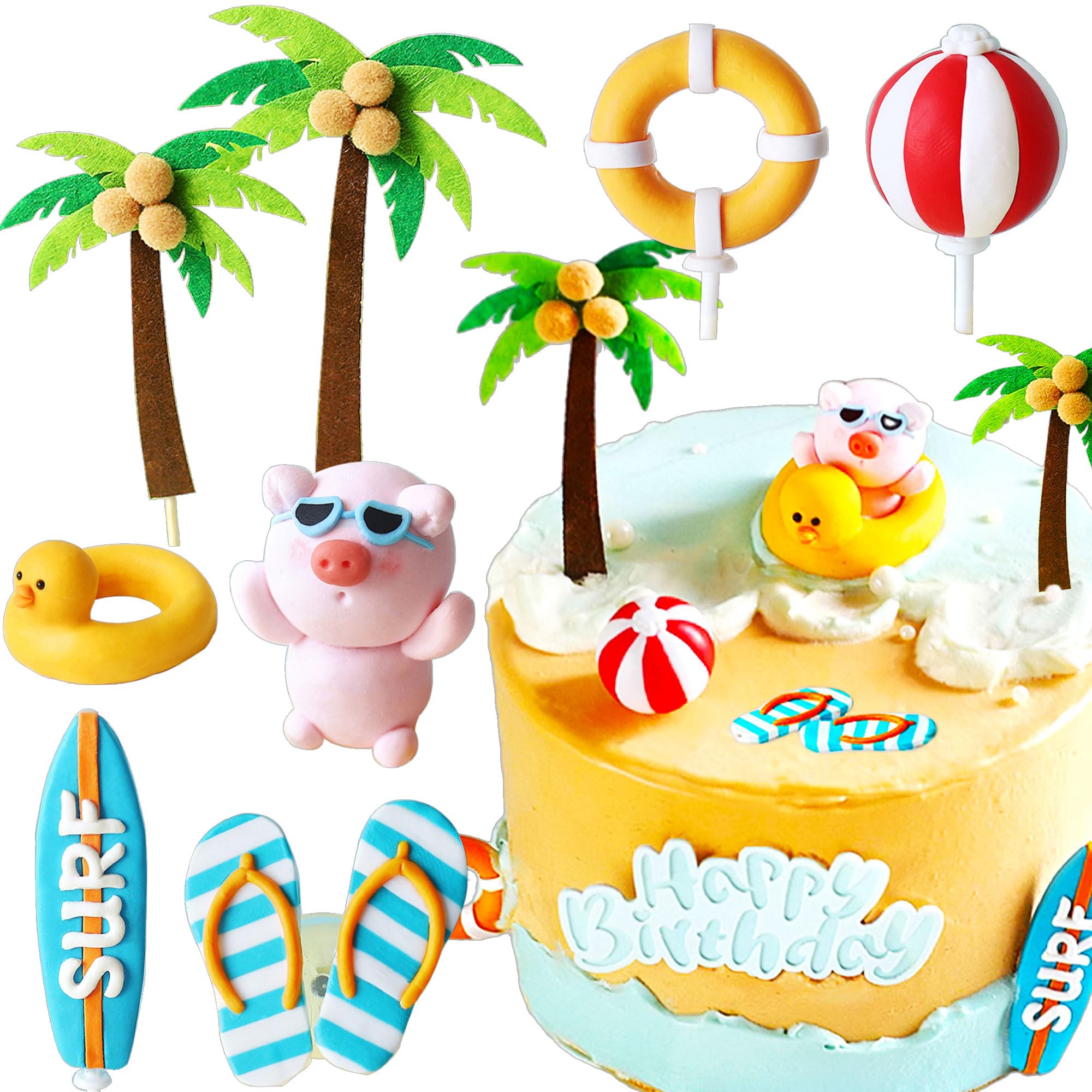 LaVenty Decoracion de Tarta de Cumpleaños de Surf Decoracion de Cumpleaños de Surf Playa Surf Wave Cake Topper Tabla de Surf Chanclas de Natación Salvavidas Tarta Surf Productos para Cumpleaños