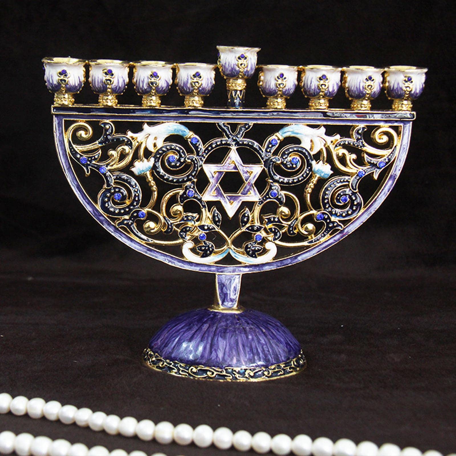 Menorah Candelabro Brazos en Metal Esmalte Adornado Motivo Floral Pintado Detalles de Cristal Adecuado para Oración Religiosa Sinagoga y