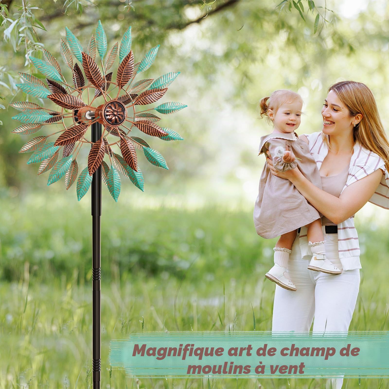 Wind Spinner Sculpture Cinétique Métallique, Déco Jardin Extérieur à Rotation, Hauteur Ajustable avec Socle à 5 Branches, Résistant à la Rouille, Grand Format (Vert + Brun)