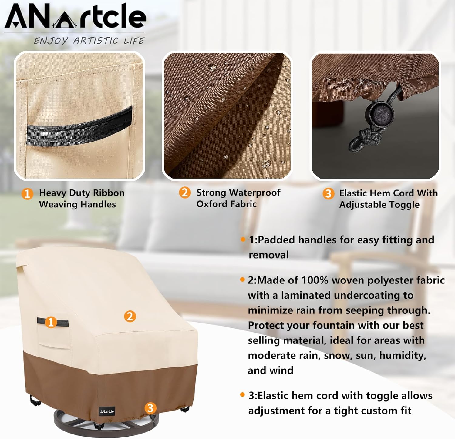 Outdoor Swivel Lounge Chair Cover 2 Pack,600D Waterproof Heavy Duty Outdoor Chair Covers(30 W x 34 D x 38.5 H inches),Patio Swivel Chair Covers for Outdoor Furniture,Beige&brown. - Image 7