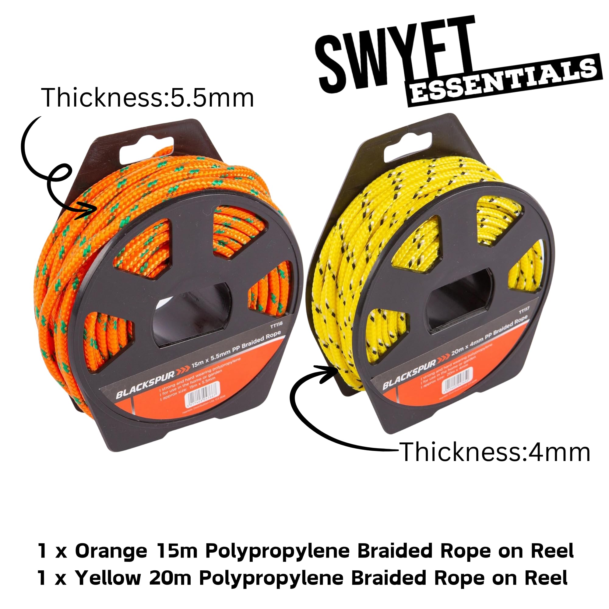 Blackspure Nylon Rope Bundle with Thick & Thin Rope - 1 Yellow 20m x 4mm Polypropylene Braided Rope & 1 Orange 15m x 5.5mm Polypropylene Rope | Heavy Duty Garden Rope for Home & Outdoor Use - Image 2