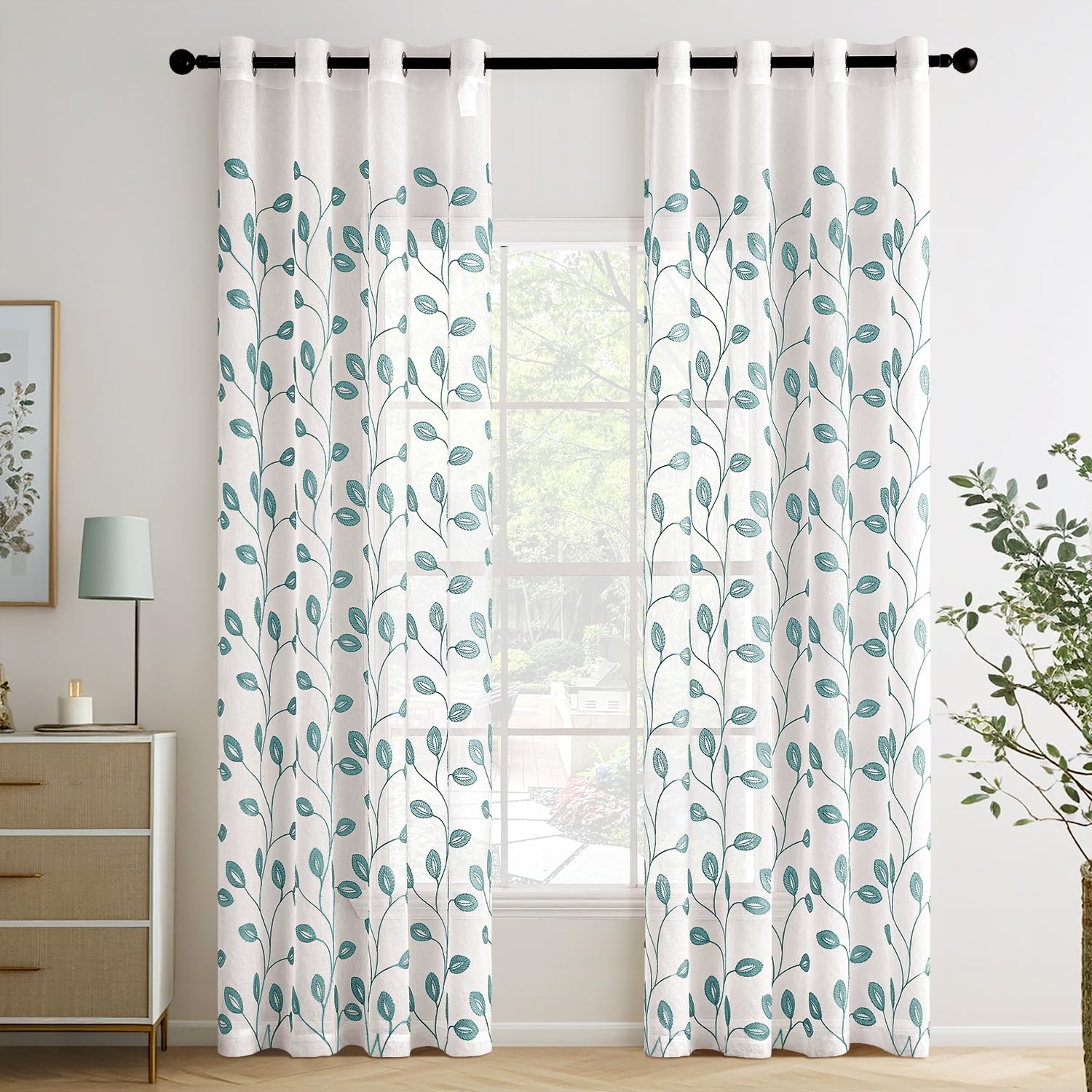 MIULEE Cortinas Salon Modernas con Bordado de Hojas 2 Piezas, Lindas Cortinas Visillos Dormitorio Matrimonio con Ojales, Cortinas Translucidas Salón con Hojas Motivos 140x220 Azúl