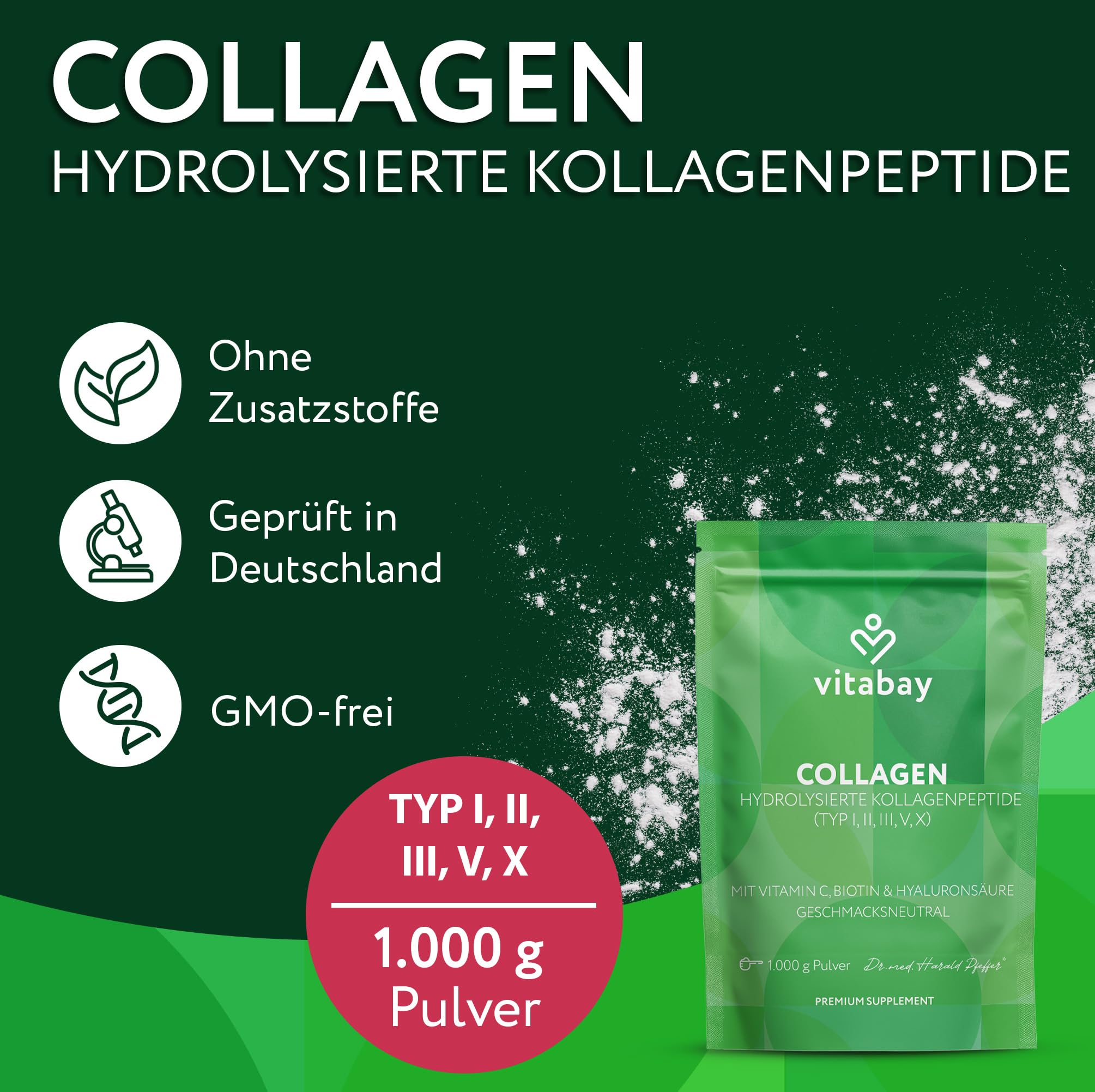 Vitabay Kollagen Pulver Komplex 2x1 kg Hochdosiert – Biotin & Hyaluronsäure | Bioaktive Collagen Hydrolysat Peptide Typ 1, 2, 3, 5, 10 – mit Vitamin C – Reine Qualität – Laborgeprüft & Geschmacksneutral
