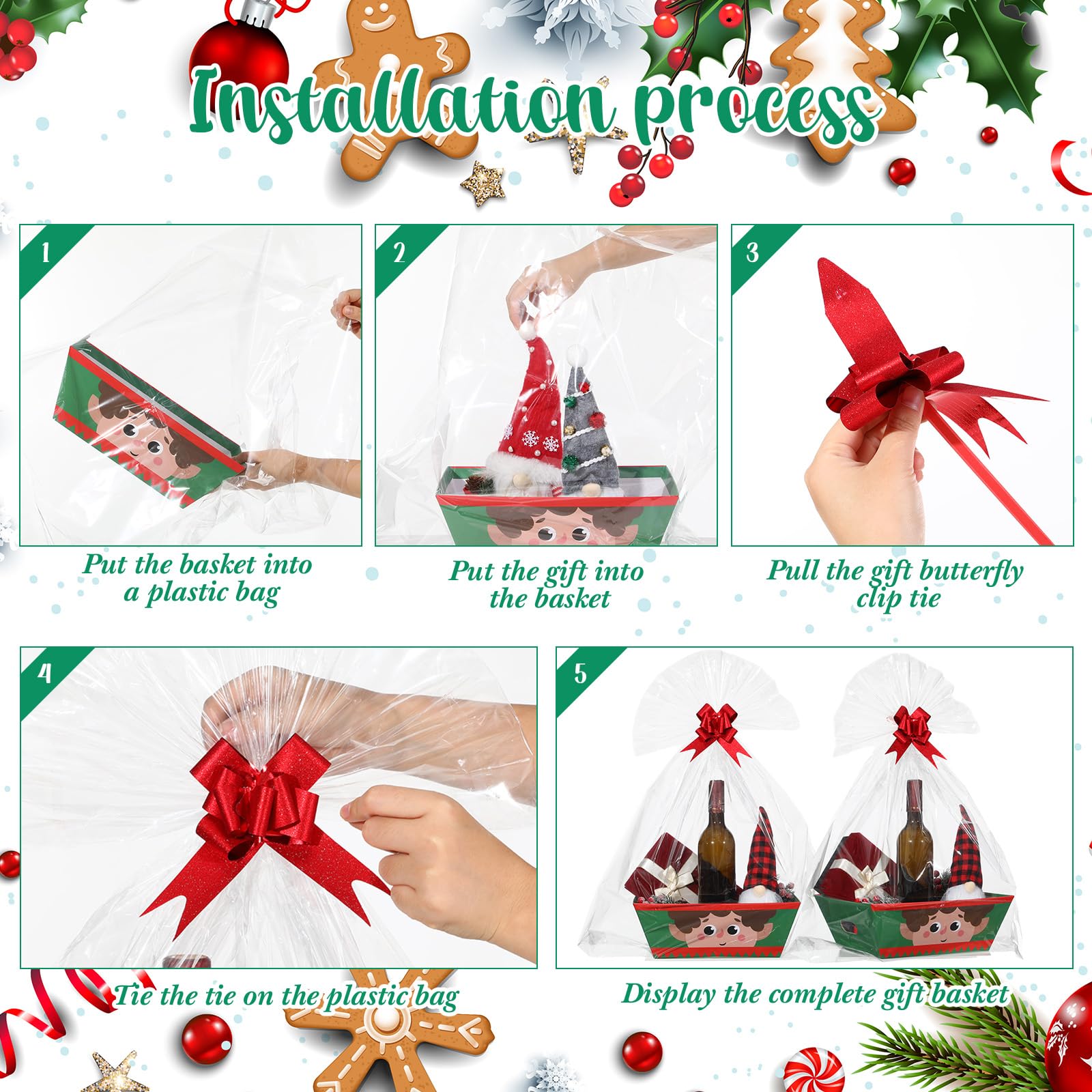 Cholemy Paquete de 12 cestas vacías de regalo de Navidad de 12 x 10 x 4 pulgadas, incluye 12 cestas de regalo de cartón con asas, 12 bolsas envolventes, 12 lazos para Navidad, bodas, aniversarios