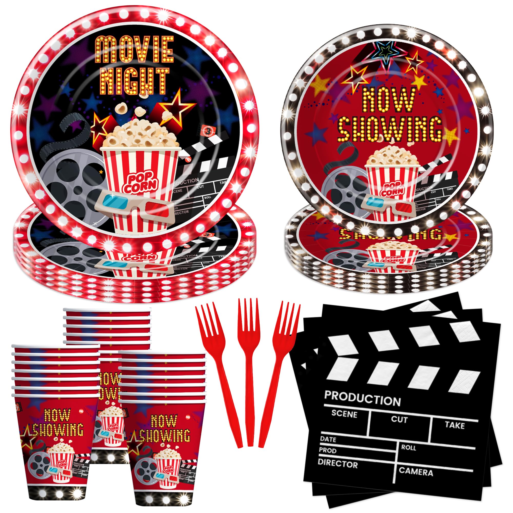 Xigejob Movie Night Decorations Party Tableware - Movie Night Red Carpet Awards Ceremony Theme Party Decorations Supplies, Paper Plate, Cup, Napkin, Fork | Serves 24