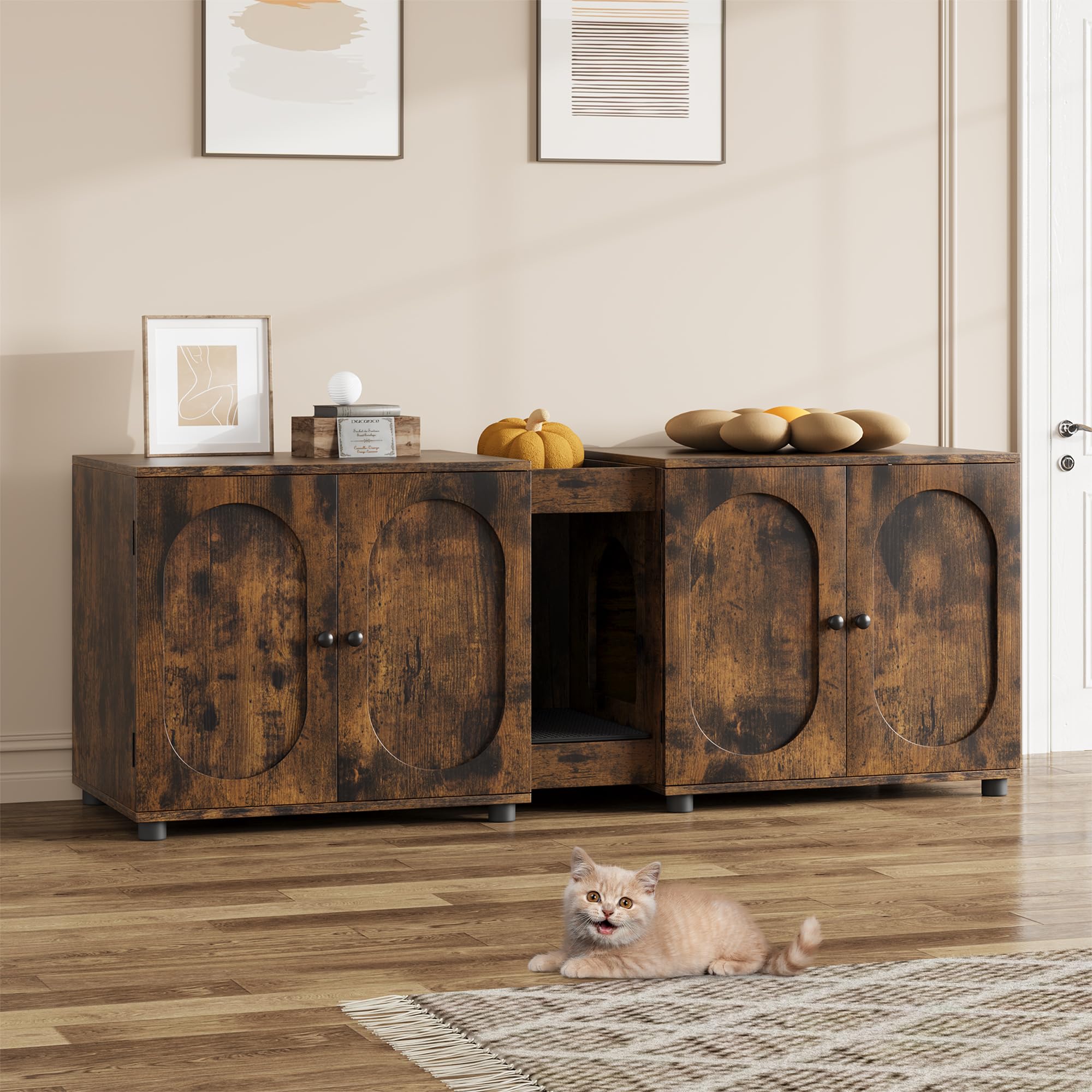 IDEALHOUSE Großes doppeltes Katzenklo-Möbel 140cm – Katzenhaus für 2 Katzen – Versteckter Katzenklo-Schrank mit Trennwand und Stauraum – Holzoptik, Klassisch Farbe – Spezifikation: Ohne Rattan