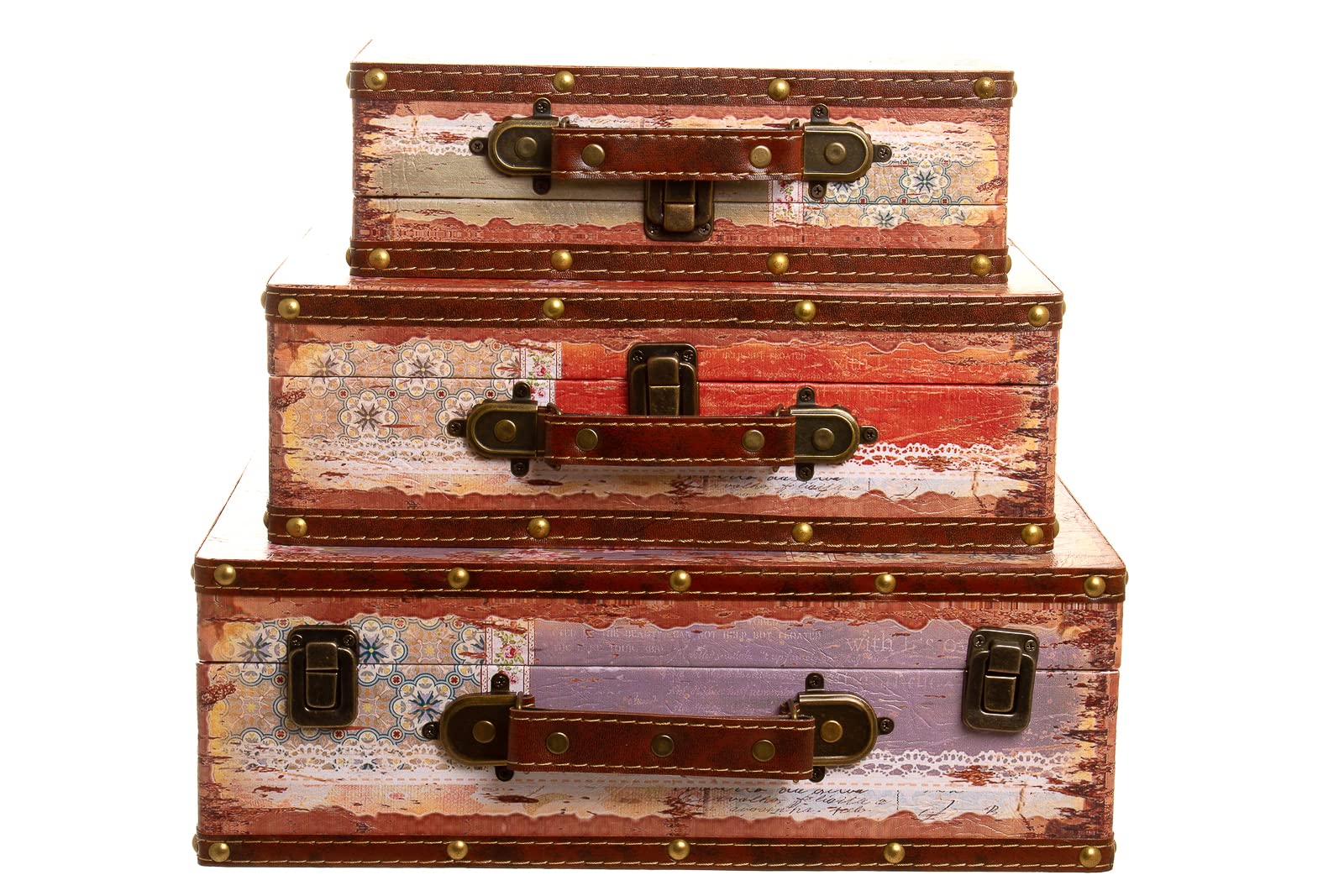 valigia in legno con rivestimento in tela, stile vintage con guarnizioni in metallo, effetto antico, SET Größe M + L + XL