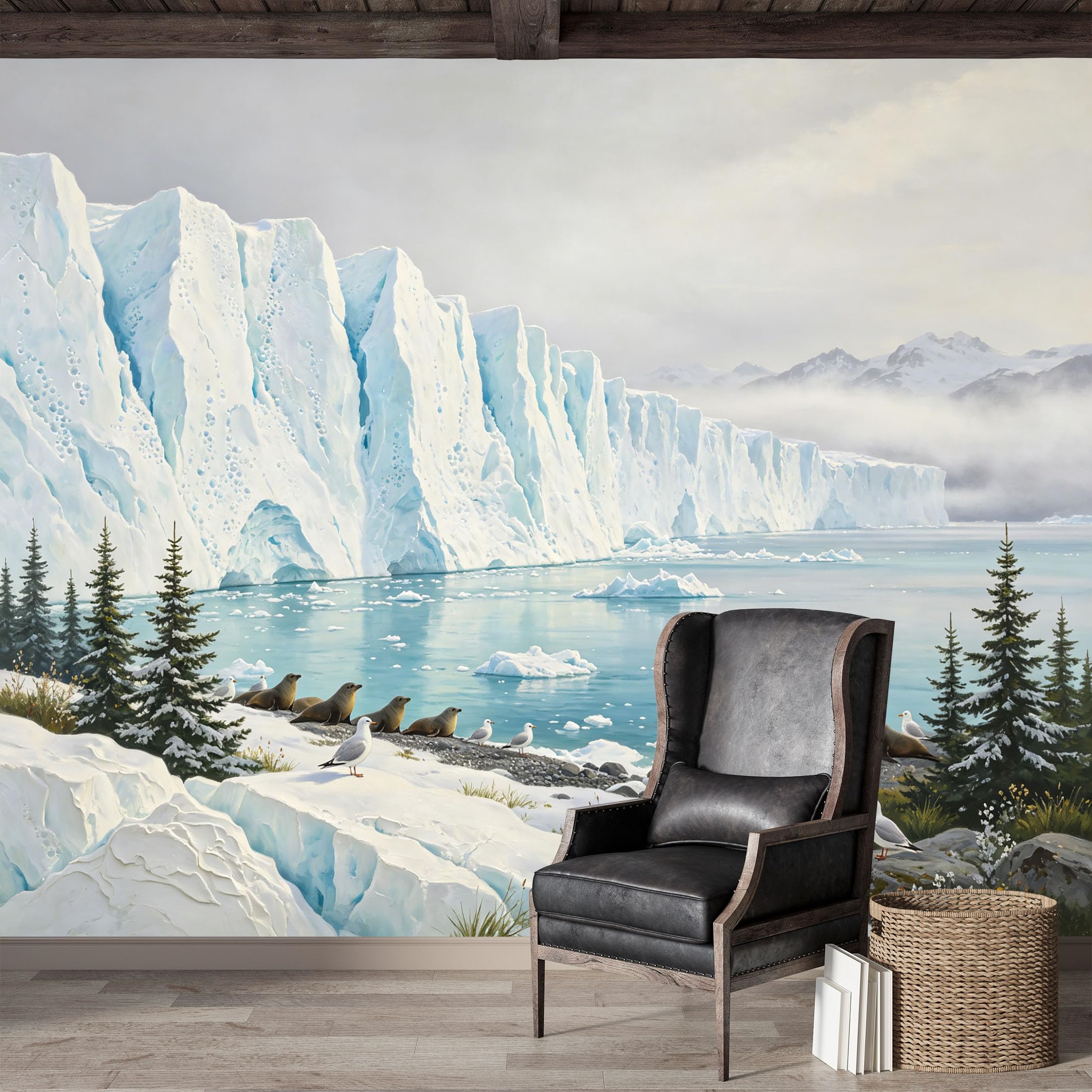 Custom Size Wall Mural,Arctic Iceberg Glacier Seals Marine Seascape Oil Painting Premium Water Activated SelfAdhesive Wallpaper,Removable Wall Covering for Indoor Home Decor