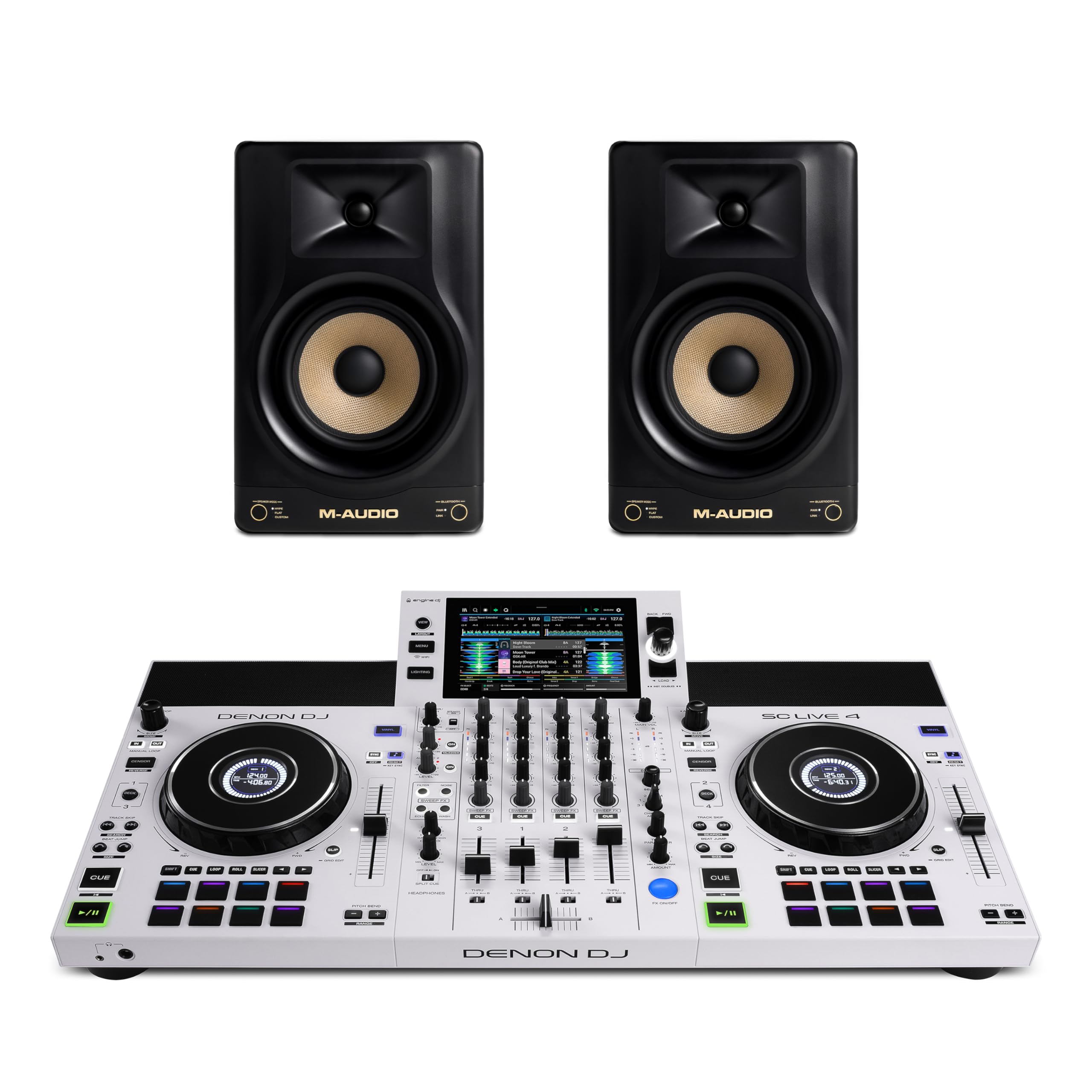 Denon DJ SC Live 4 WHITE DJ Controller and M-AUDIO Forty Sixty Pair Studio Monitors for Studio Recording, Music Production, Podcasting, Streaming