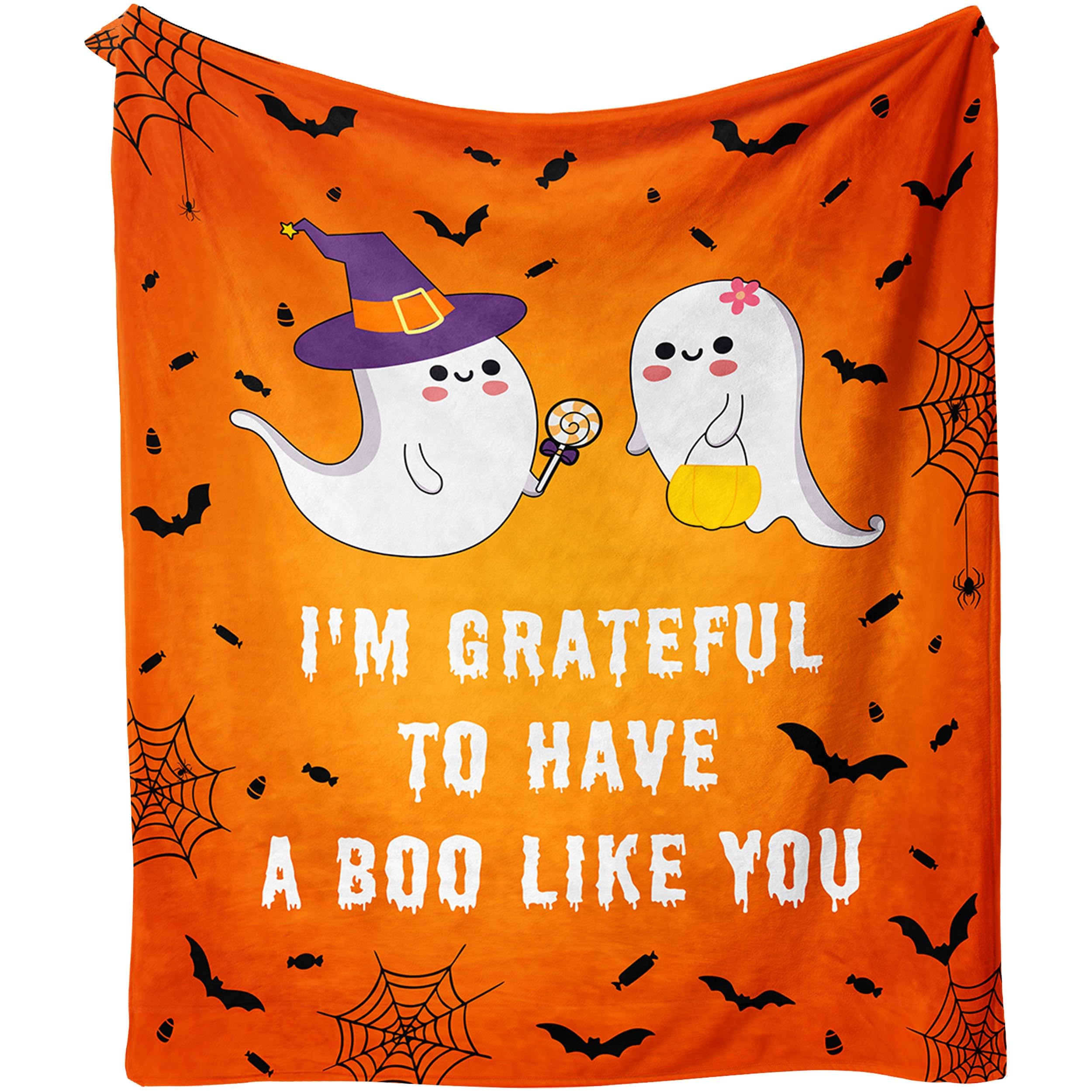 bqsjduidnc Halloween Blanket Gifts for Women Men, Halloween Ghost Spooky Blankets, Halloweens Boo Basket Stuffers for Boyfriend Girlfriend, Halloweens Horror Couple Orange Fall Throw Blanket 60"X50"