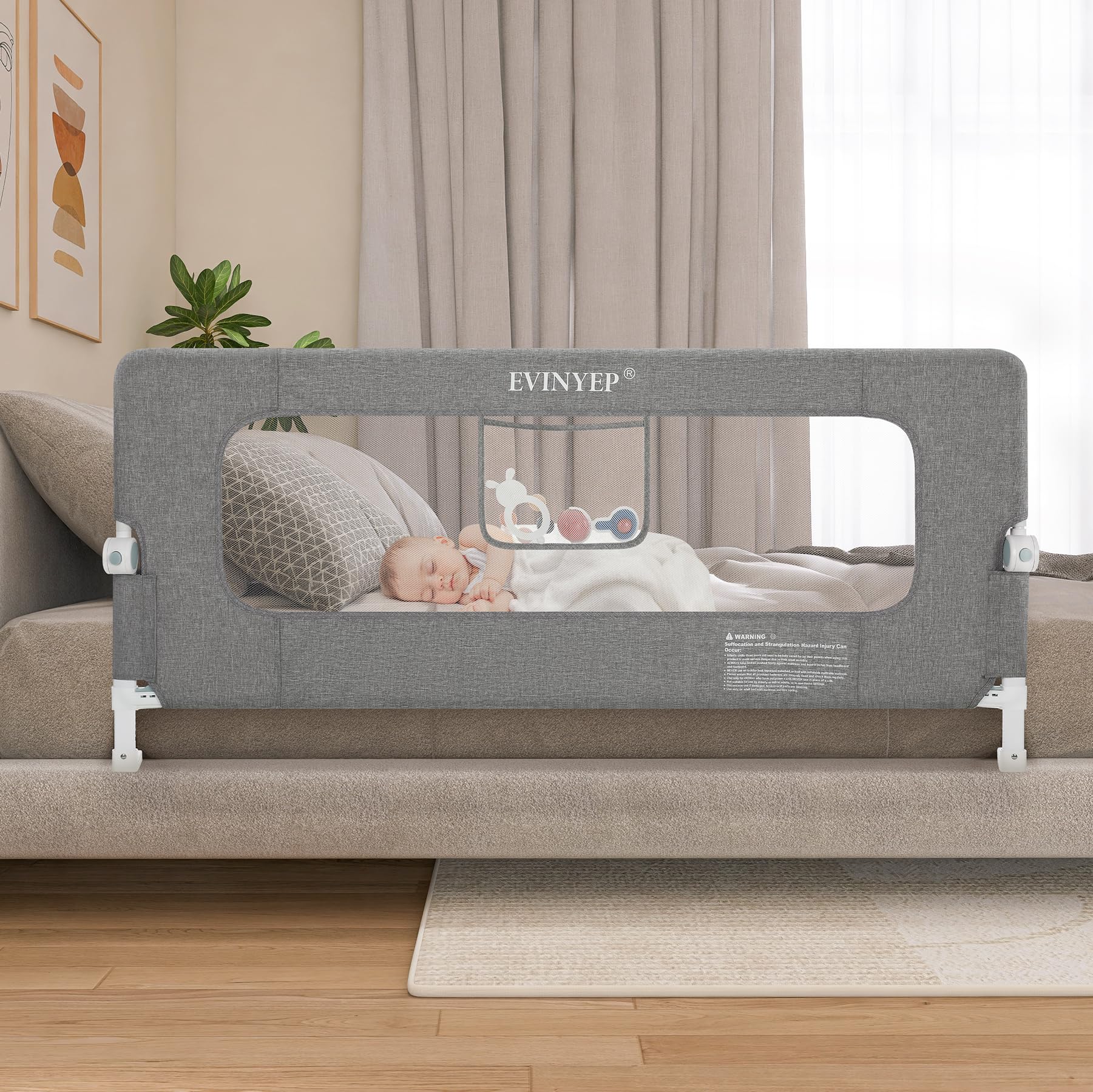 EVINYEP Bett Rausfallschutz Kinder ohne Bohren, 150 cm Zusammenklappbarer Rausfallschutz, Verbesserter Stabiler Großrahmen und Anti-Kollisions-Design, Infache Montage, Grau