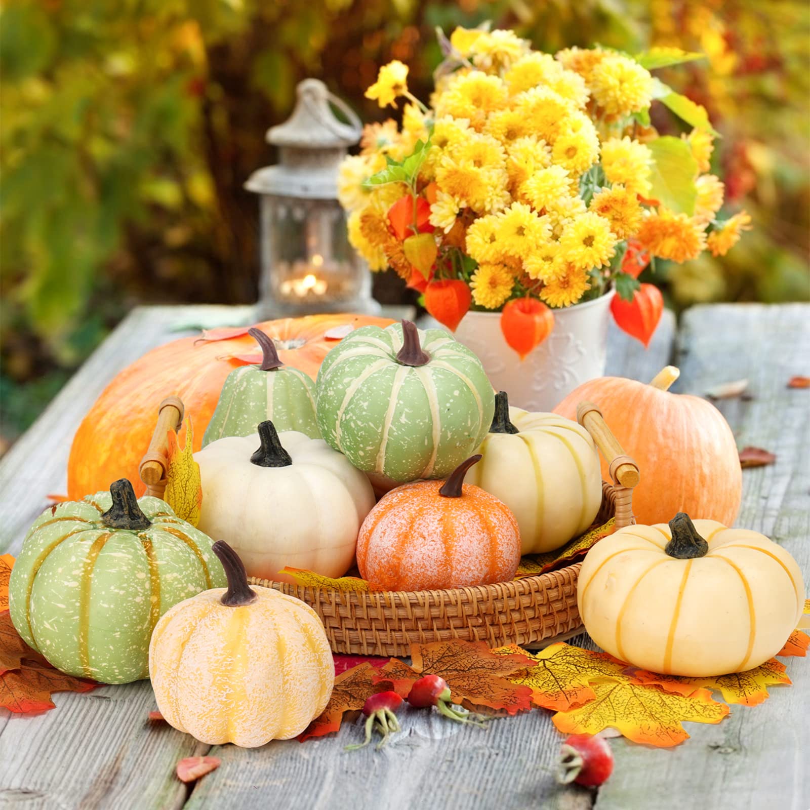 Set Decorativo De Calabazas Artificiales – 7 Calabazas Y 30 Hojas De Arce Falsas, Para Halloween, Acción De Gracias Y Otoño