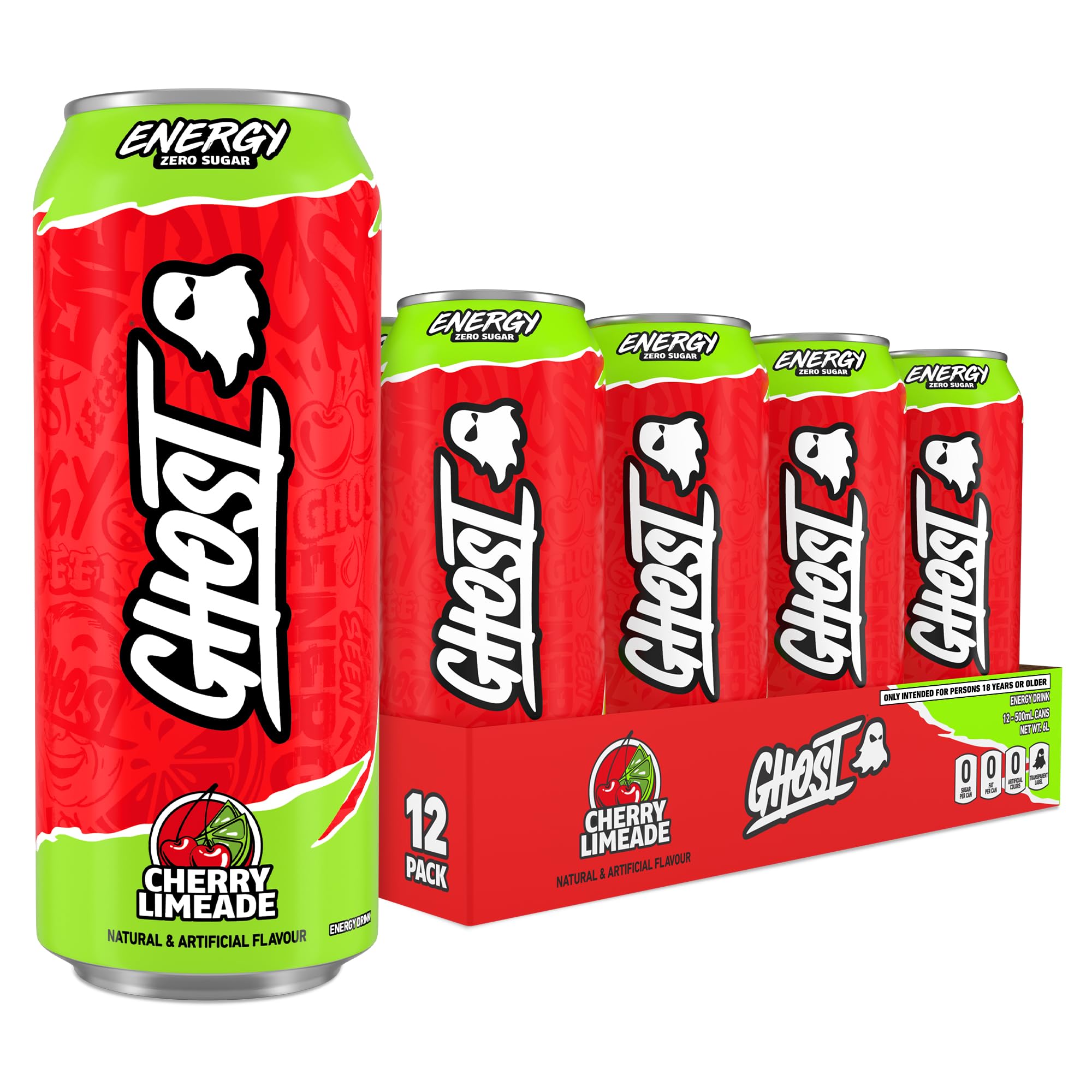 GHOST Sugar-Free Energy Drink - 12-Pack, Cherry Limeade, 500ml Cans - No Artificial Colours - 160mg Natural Caffeine, L-Carnitine & Taurine - Gluten-Free & Vegan Fizzy Drinks
