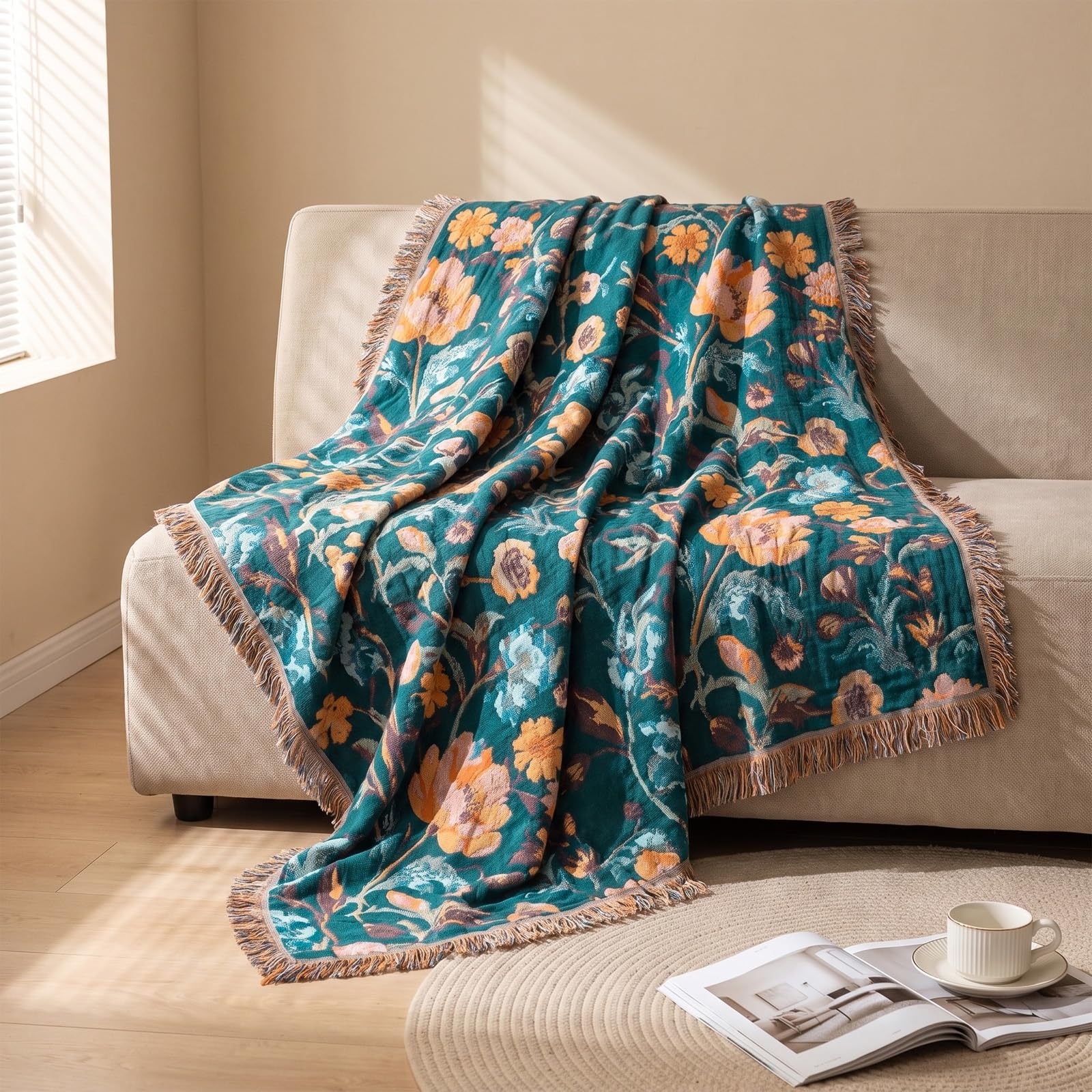 Coperta Mussola di Cotone150x200cm,100% Cotone Copriletto Premium Boho
