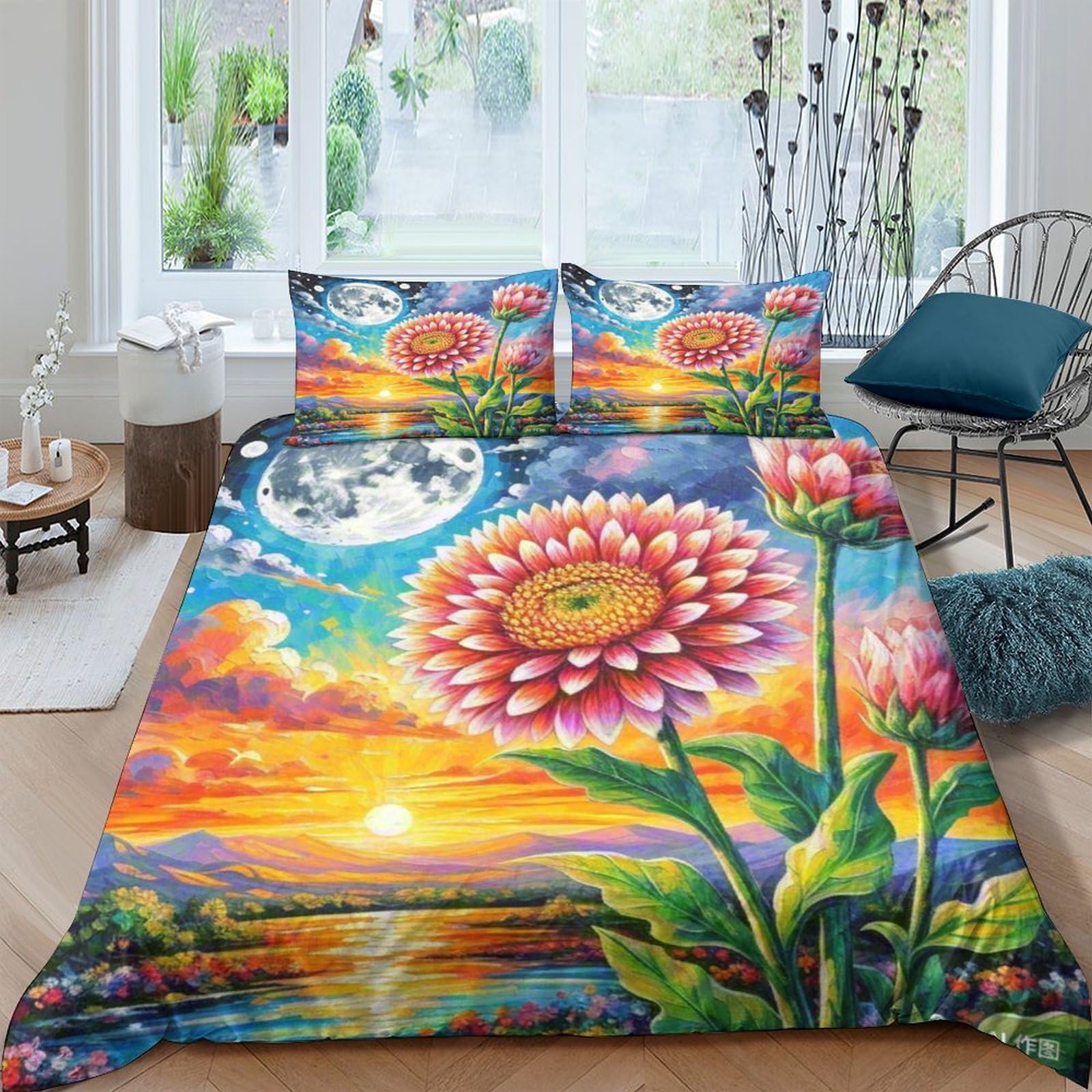 Parure de lit microfibre douce dahlie 3D avec housse de couette zippée
