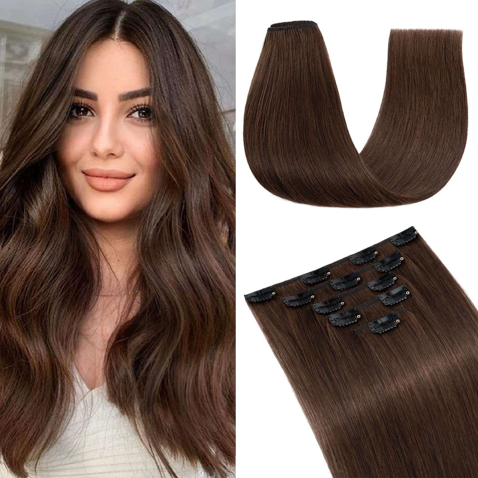 S-noilite Clip in Hair Extensions Real Human Hair,5Pcs 12 Clips Remy Natural Hair Extension Seamless Clip in Hair Extensions for Women (14 inch