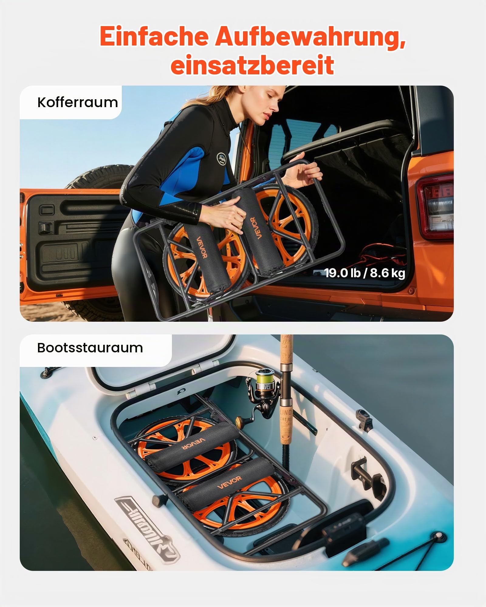 VEVOR Kajakwagen, 150 kg, Kanuwagen mit 38,1 cm Vollgummireifen & Spanngurt, Bootswagen zum Transportieren von Kajaks, Kanus, Paddleboards, Jon-Booten, Wassersportgeräte, 770x495x425 mm