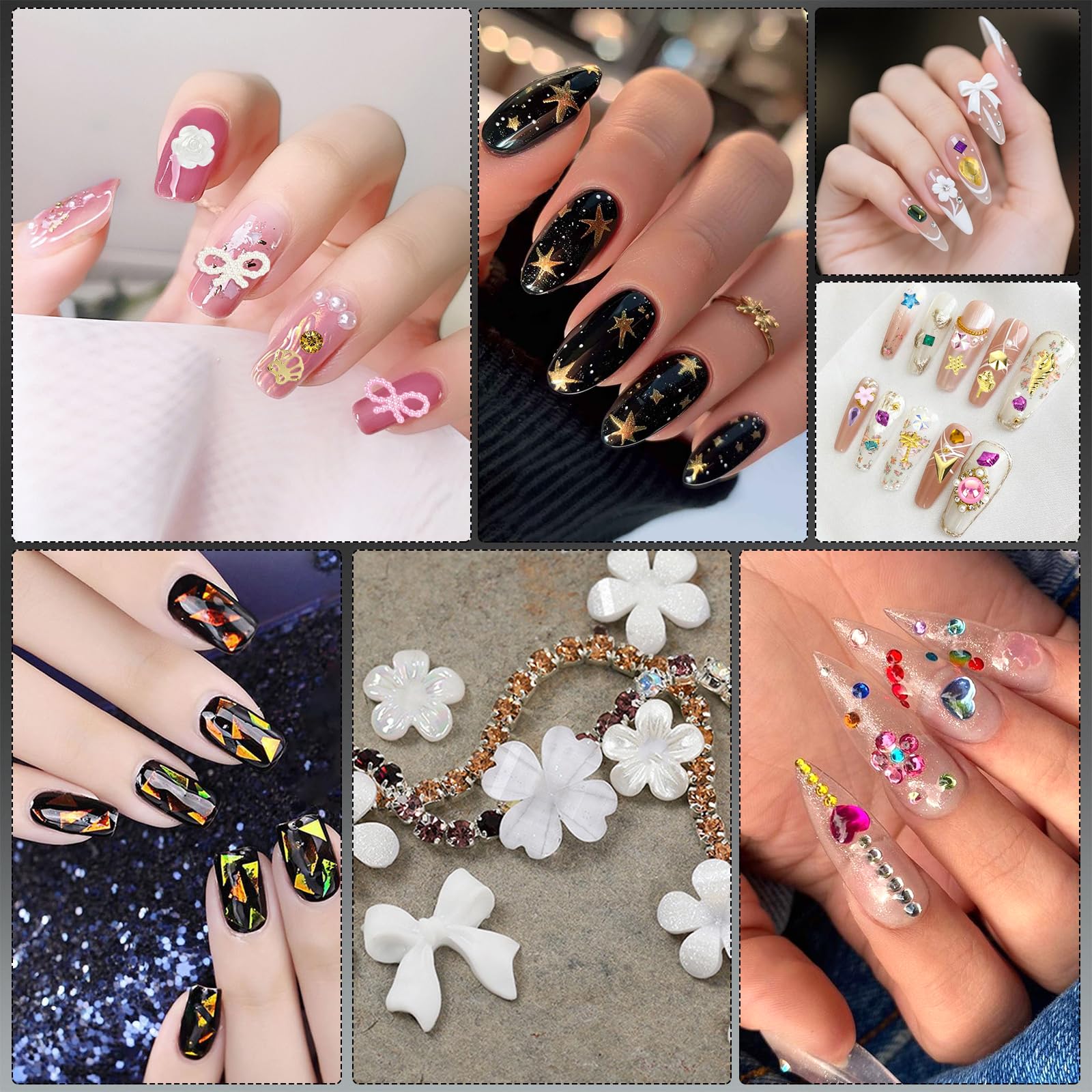 7 Boxes Nail Charms, 3D Butterfly Bowknot Flower Nail Gems with 30 Sheets Gold Nail Stickers - Image 3
