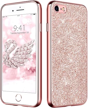 DUEDUE Funda iPhone 7, Funda iPhone 8 Purpurina Ultra Delgada Carcasa Cover Case PC Suave TPU Silicona [Dise?o Brillante] Resistente Mujer Protectora a Prueba de Golpes Fundas para iPhone 7/8 Oro Rosa