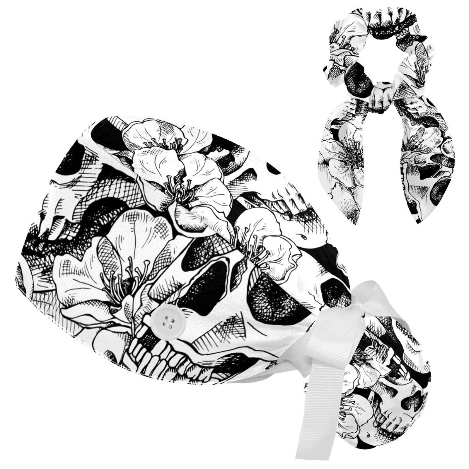 GenericSunflower Field Painting Adjustable Working Cap with Bow Hair Scrunchy, Bouffant Hat with Buttons