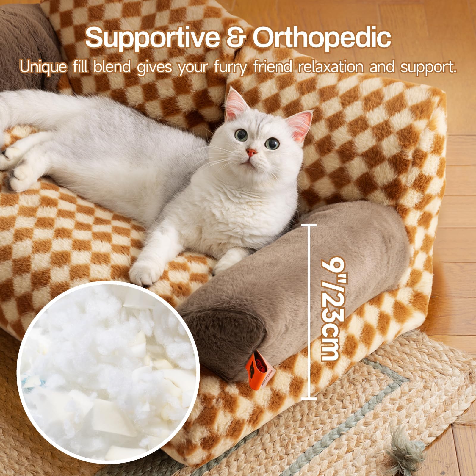 MEWOOFUN Cuccia grande per gatti, 66 x 48 cm, soffice e morbido, per cani e gatti di medie e piccole, graziosa cuccia per gatti con fondo antiscivolo (Marrone)