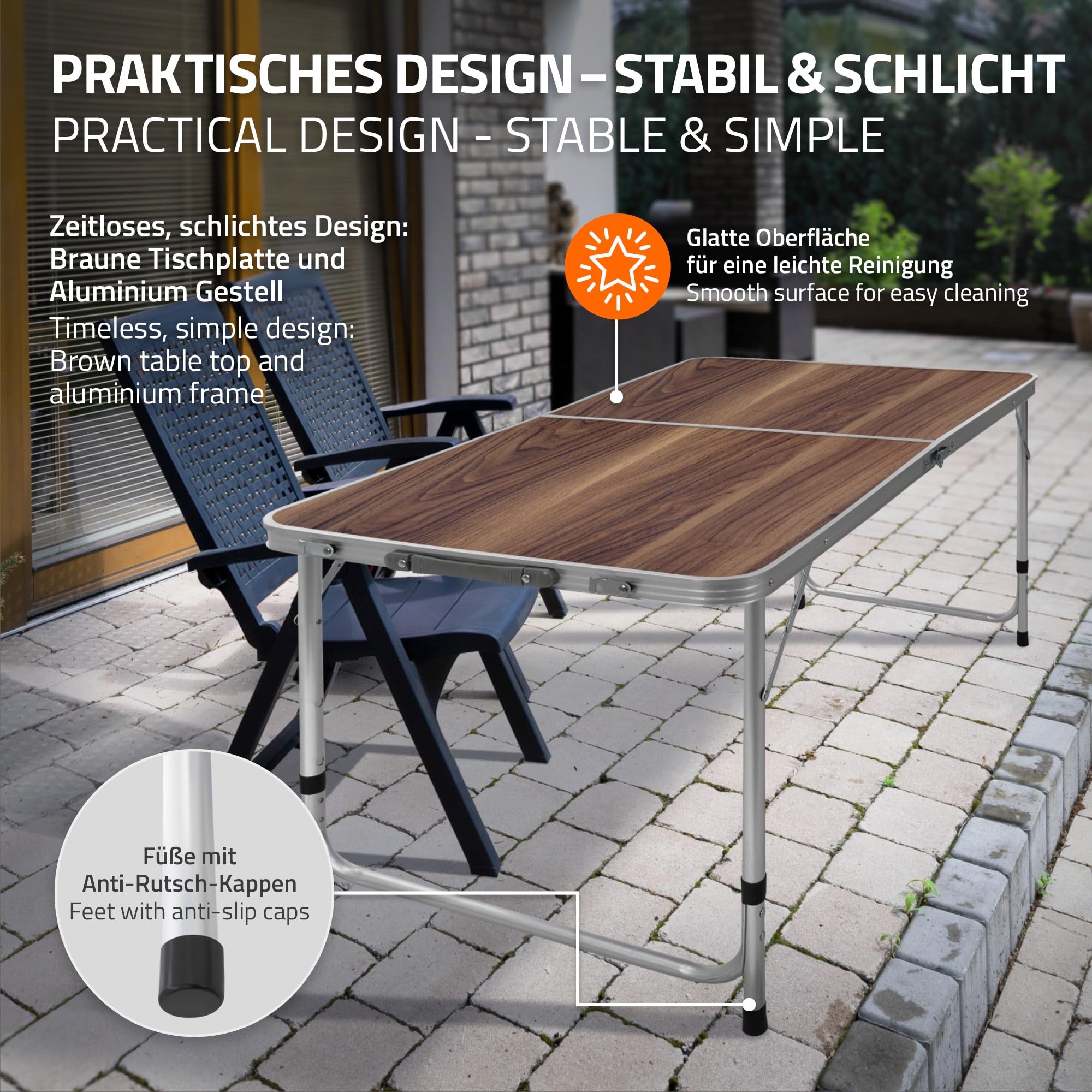 ECD Germany Table Pliante Transportable de Camping - 120 x 60 x 55/63/70 cm - Hauteur Réglable - en Aluminium et MDF - Marron - Table de Camping Jardin Barbecue Travail - Table pour Extérieur