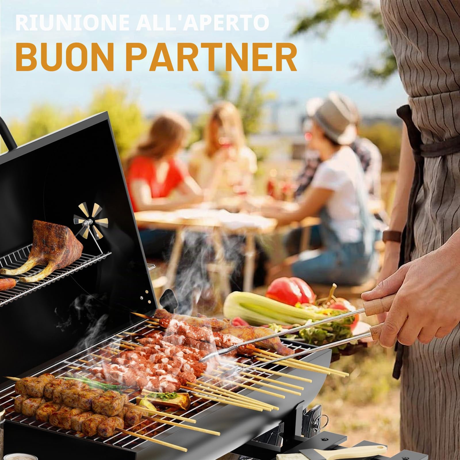 TEENO Grande Barbecue a carbone di legna XXL,Termometro,Cassetto per cenere,Guanti anti-scottatura, Svento regolabile,Grande Barbecue a carbone (Con coperchio in tessuto)