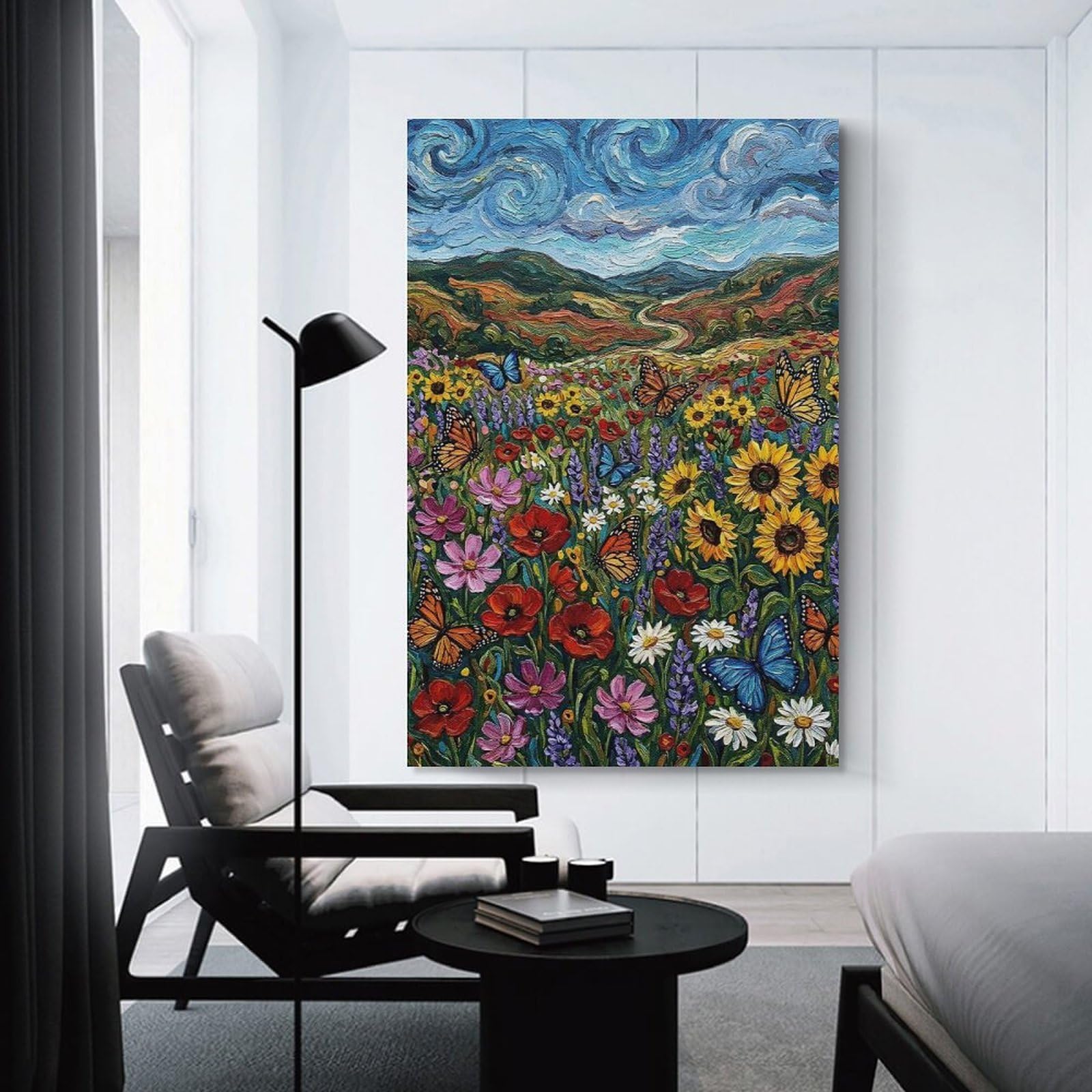 Junmoney Vibrant Floral Meadow with Butterflies Painting Wall Art Print, 08x12inch(20x30cm), for Front Hall, Corridor Or Welcome Spaces, Wall Decor to Refresh Empty Corners