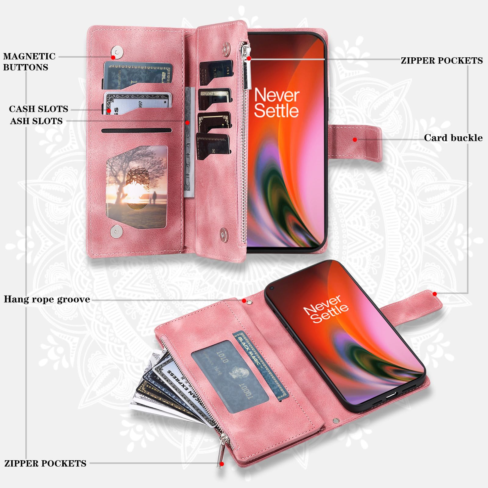 Asuwish Phone Case for OnePlus Nord 2 5G Wallet Cover With Tempered Glass Screen Protector and Wrist Strap Mandala Flower Flip Zipper Card Holder Cell One Plus On 1 Plus 1plus One+ 1+ Nord2 Rose Gold - Image 3