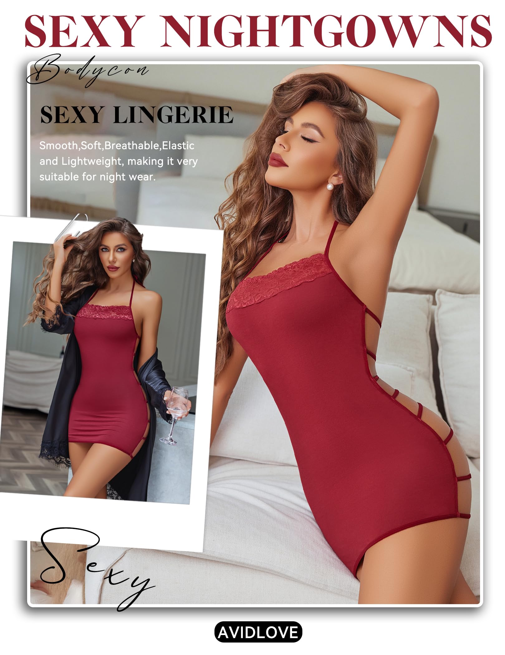 Avidlove Women's Lingerie Sexy Bodycon Nightgown Lace Neckline Babydoll Chemise Cotton Sleepwear Halter Dress Slip S-XXL: Large Wine Red
