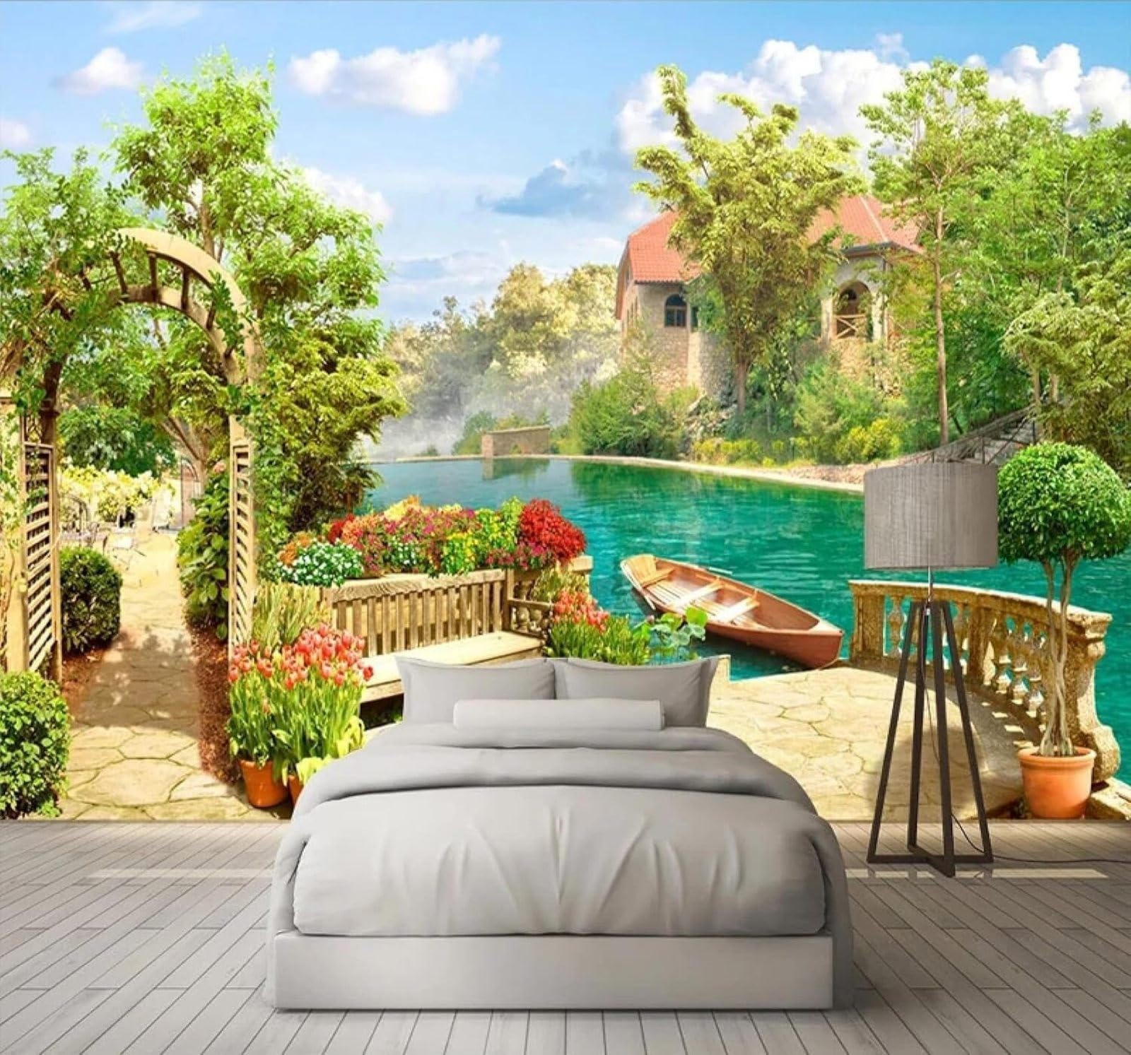 XLMING Fresh Beautiful Garden Lake Scenery 3D Wallpaper Silky Texture Home Study Office Grey Dining Room Sofa Bedroom Living Room TV Backdrop-430cm×300cm